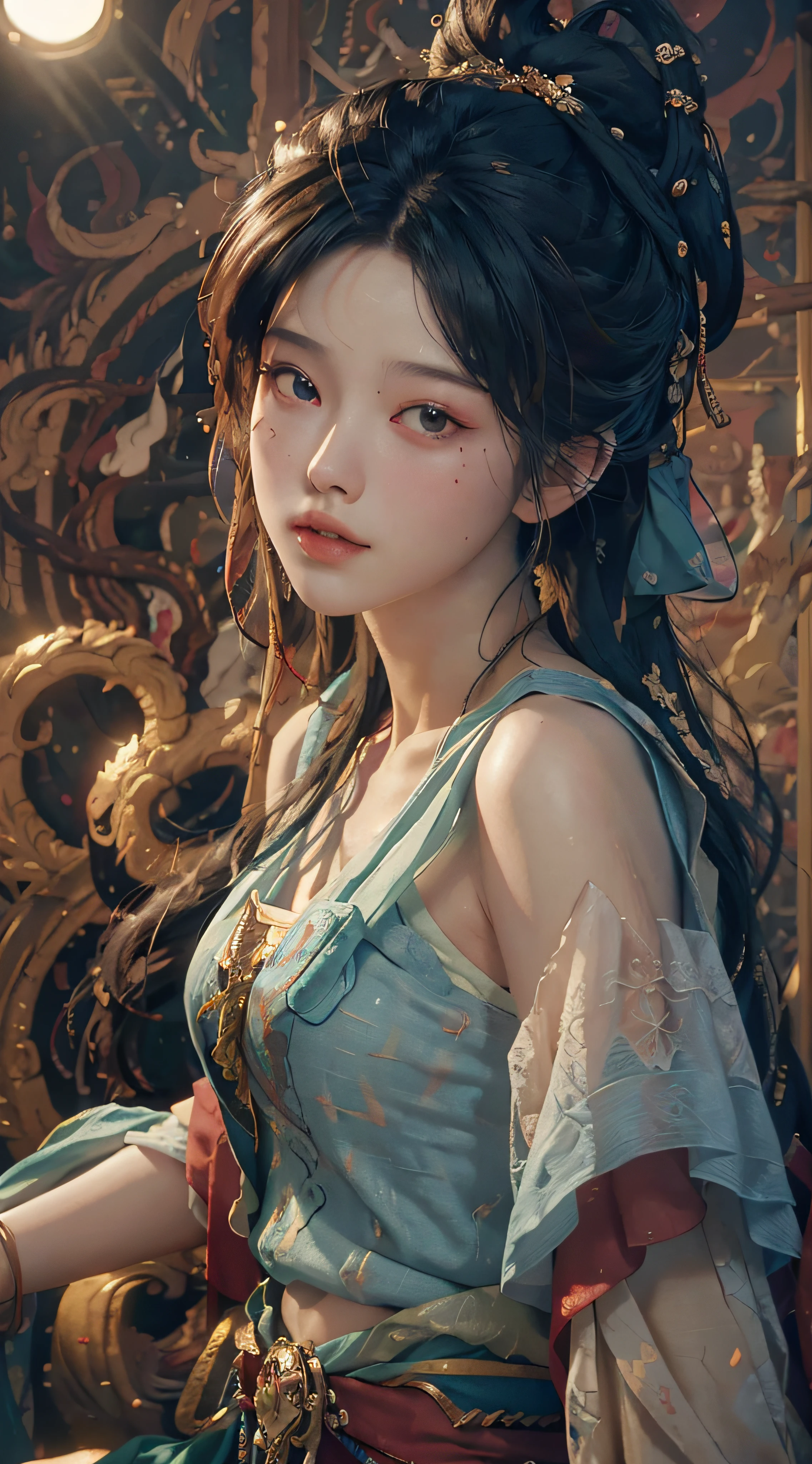 (RAW photo, best quality), (realistic, photo-realistic:1.3),best quality,highly detailed,masterpiece,ultra-detailed,illustration,1girl,upper_body,dynamic angle,world masterpiece theater,messy_long_hair,best quality,extremely detailed CG unity 8k wallpaper,ink,Amazing,cinematic lighting,lens_flare, dunhuang_style