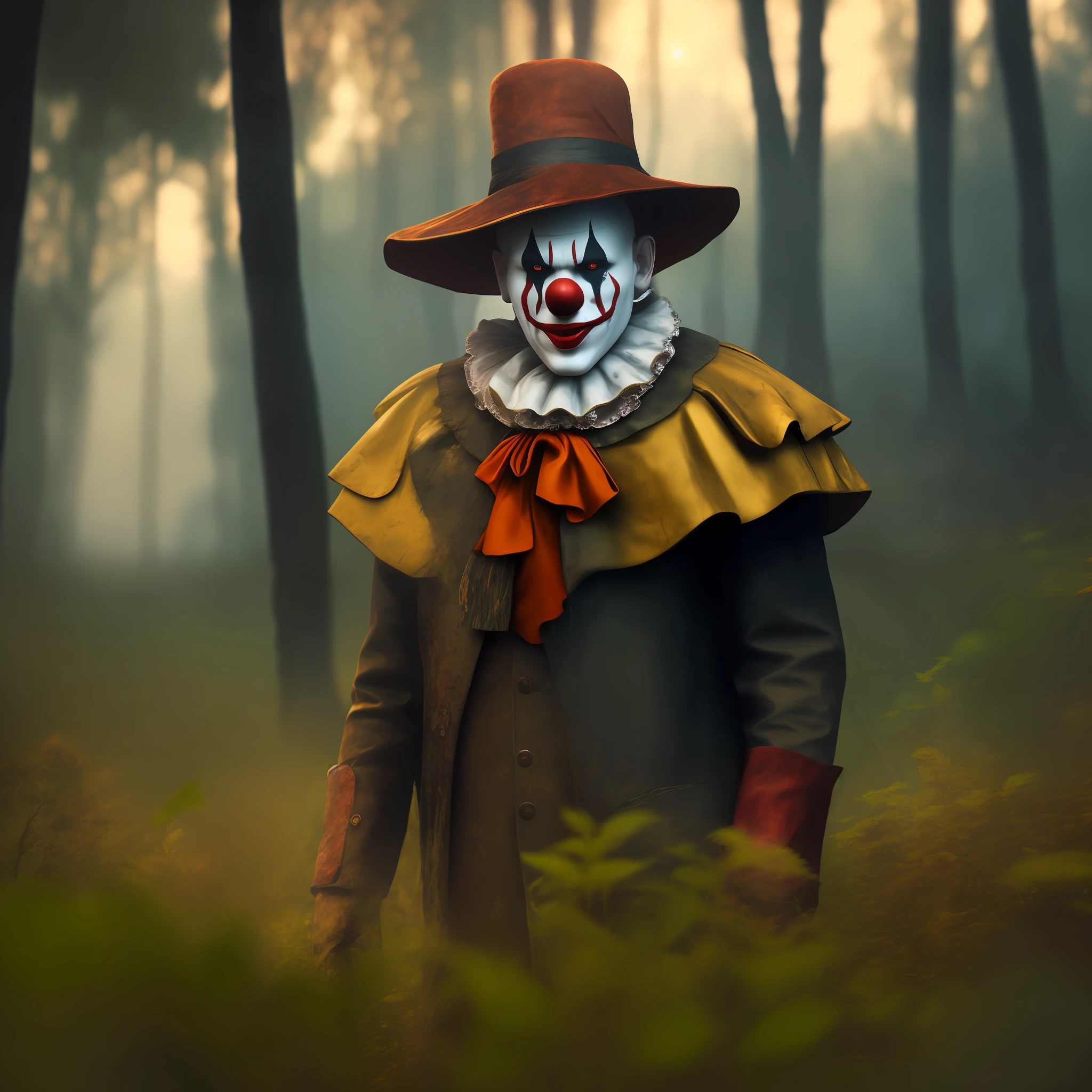 creepy photo of a clown, in the woods at night. creepy atmosphere by annie leibovitz and steve mccurry octane render photorealistic cinematic lighting hyper realism 8 k depth shallow dof hdr atmospheric foggy volumetric lightrays 3 d concept art unreal engine 5 very detailed masterpiece realistic poster with high detail digital painting trending on deviantart behance p