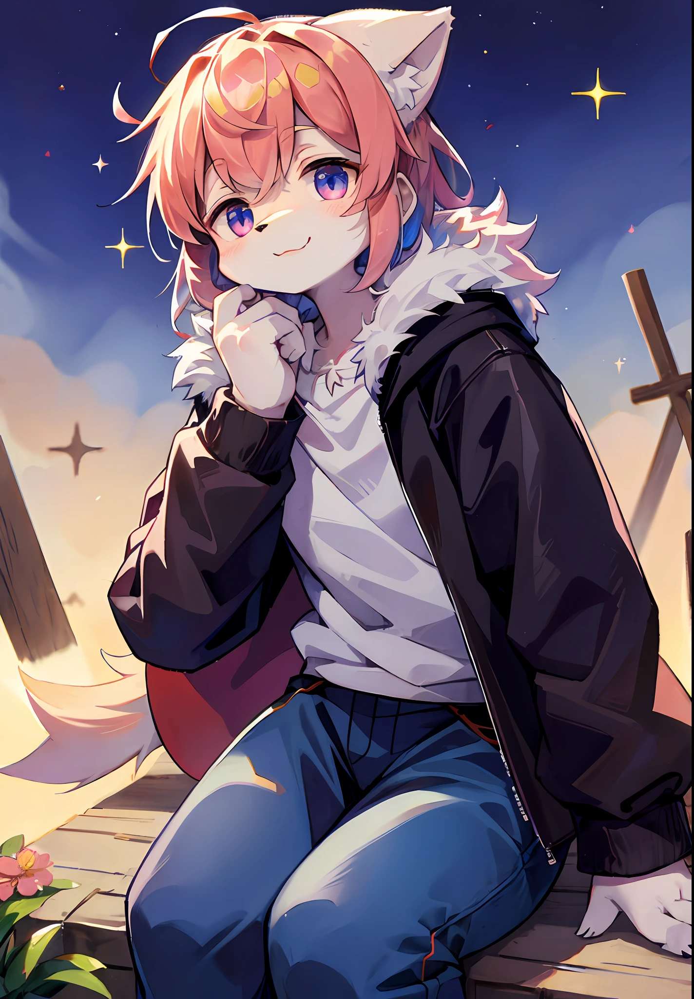 (masterpiece:1.3), (2D:1.0), (anime:1.0), (illustration:1.0), (sharp:1.2), (hard light:1.0), (shadow:1.0),(reflection, refraction:0.8) , (ray of light、Dappled light、glareing、lense flare、Tindal Effect:1.0)、(clarity、shiny:1.0)、(best qulaity:1.2)、(ultra fine:1.0)、(extremely intricate:1.0)、 (blur foreground,cinematic light,raytraced:1.1),(bright_colors,dark_intense_shadows:1.1),(impasto,colorful:1.2),(warm_light_from_below,glow_white_particles:1.1),(Ensemble_Stars!_\(styles\):0.95)。 wolf_boy,anthro,uploaded_on_e621,solo,upper_body,cowbow_shot,male_focus,furry_kemono,furry_male,cub,young_male,bishounen,11_years_old,kawaii,cute,fancy,fragile,cool,handsome. detailed_fluffy_fur,tuft,(white_fur,body_fur,oil_skin,skin_with_fluffy_fur:1.3),animal_nose,animal_ear_fluff,fluffy_paws,pawpads,animal_hand,fluffy_big_tail。blue clothes,(hooded capelet,hoody:1.5),Short male hair,whitehair,droolng,Purple eyes,eye closeds,hair bangs,closes mouth,Smile with,Light blush,raised his hand,Raise the stars,bottomless,(Keep your feet apart,Seated position:1.2),looking at the spectator。 (night,starry_sky,crescent_moon,star_\(sky\),gem,plant,star_\(symbol\),sparkle),al fresco,scenecy。