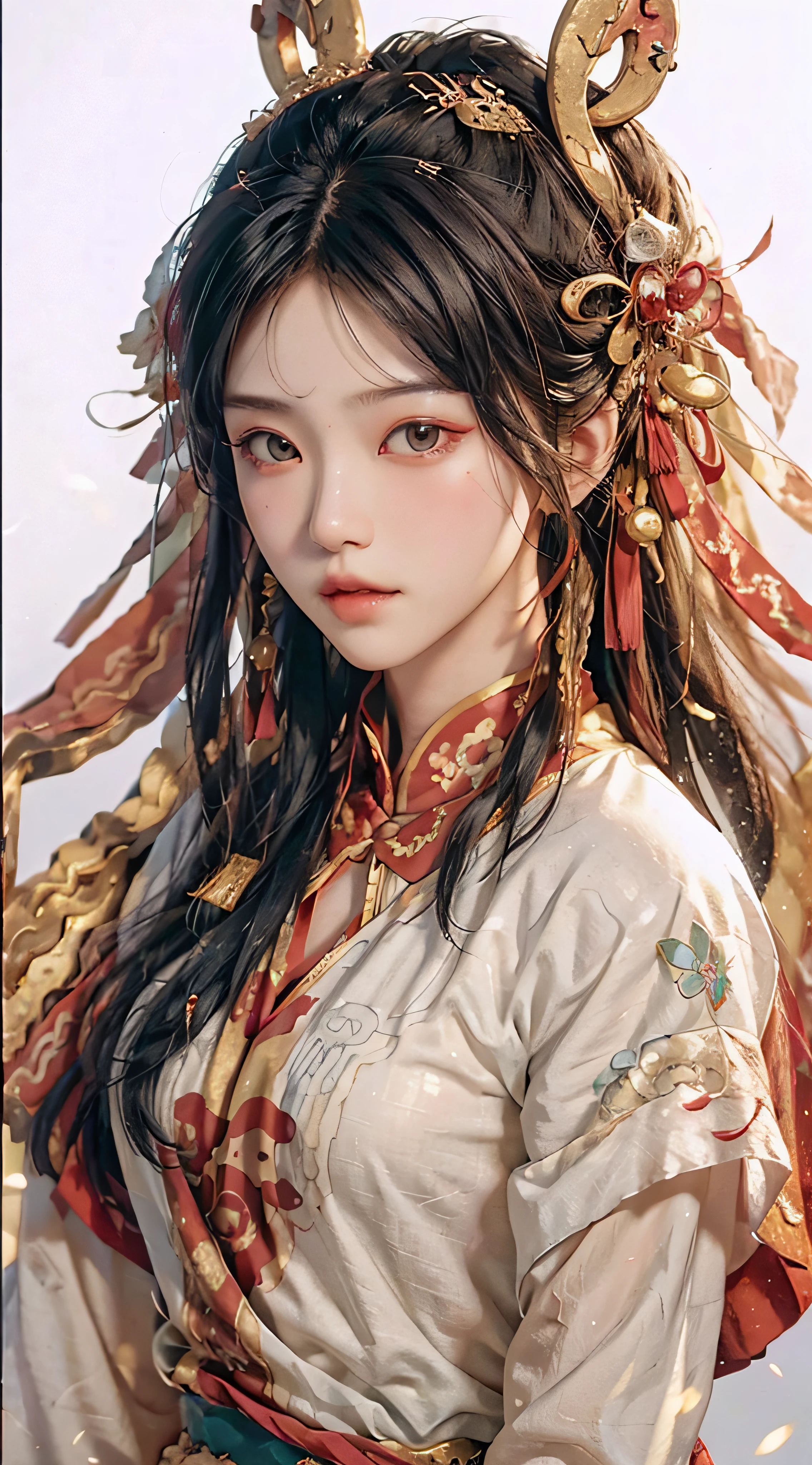 A girl, ancient Chinese costume, whole body, sunshine, clear face, clean white background, masterpiece, super detail, epic composition, ultra HD, high quality, extremely detailed, official art, uniform 8k wallpaper, super detail, 32k