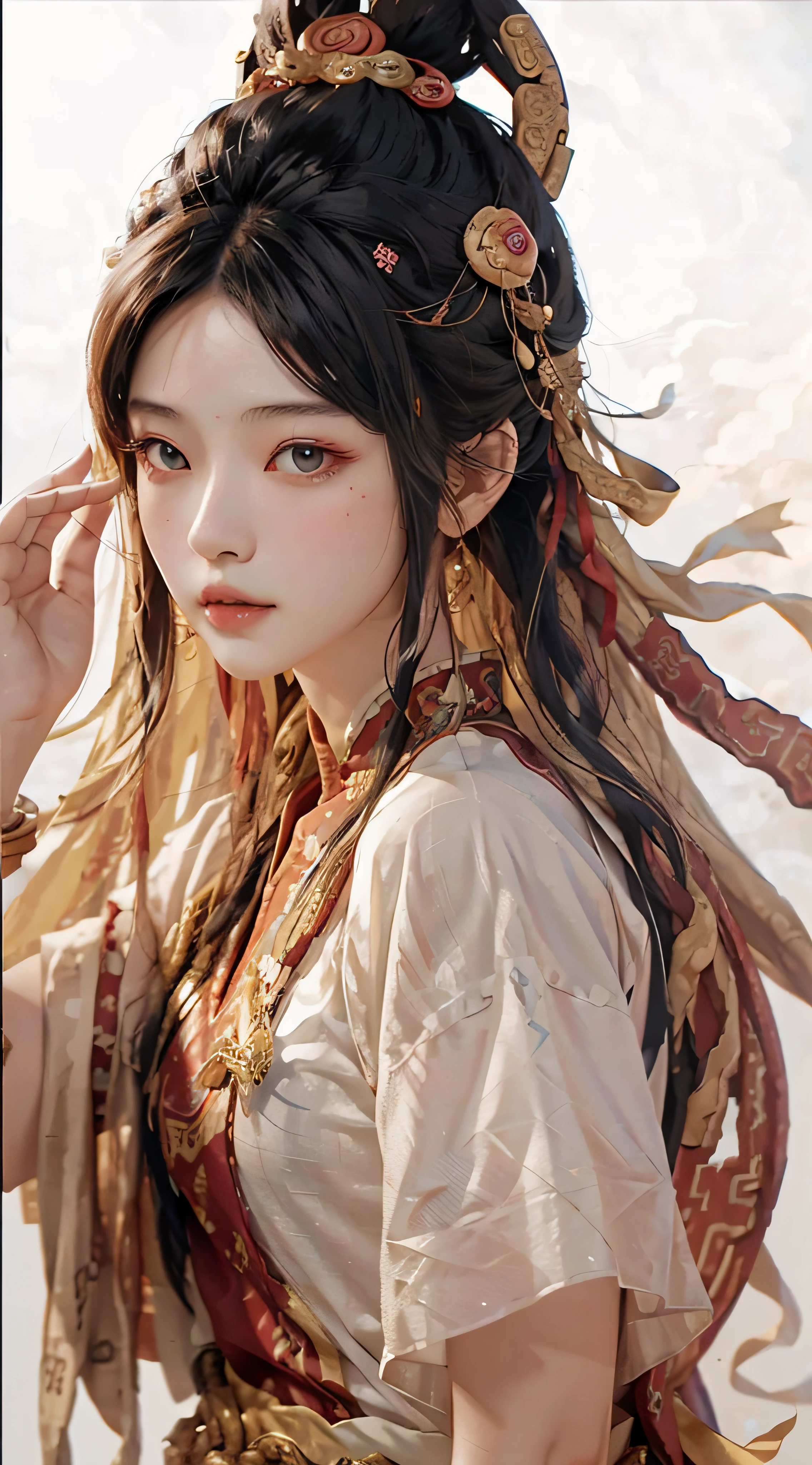 A girl, ancient Chinese costume, whole body, sunshine, clear face, clean white background, masterpiece, super detail, epic composition, ultra HD, high quality, extremely detailed, official art, uniform 8k wallpaper, super detail, 32k