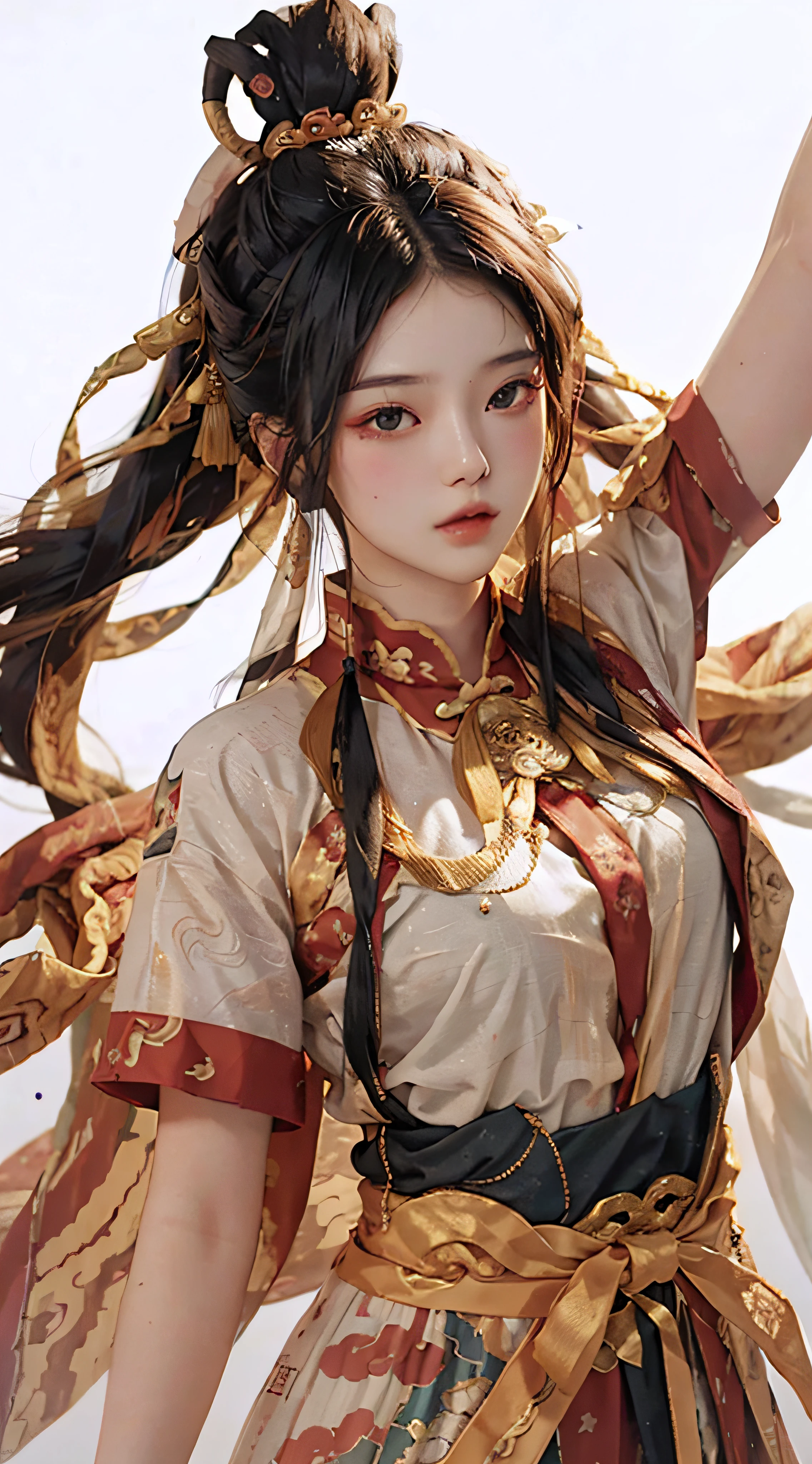 A girl, ancient Chinese costume, whole body, sunshine, clear face, clean white background, masterpiece, super detail, epic composition, ultra HD, high quality, extremely detailed, official art, uniform 8k wallpaper, super detail, 32k