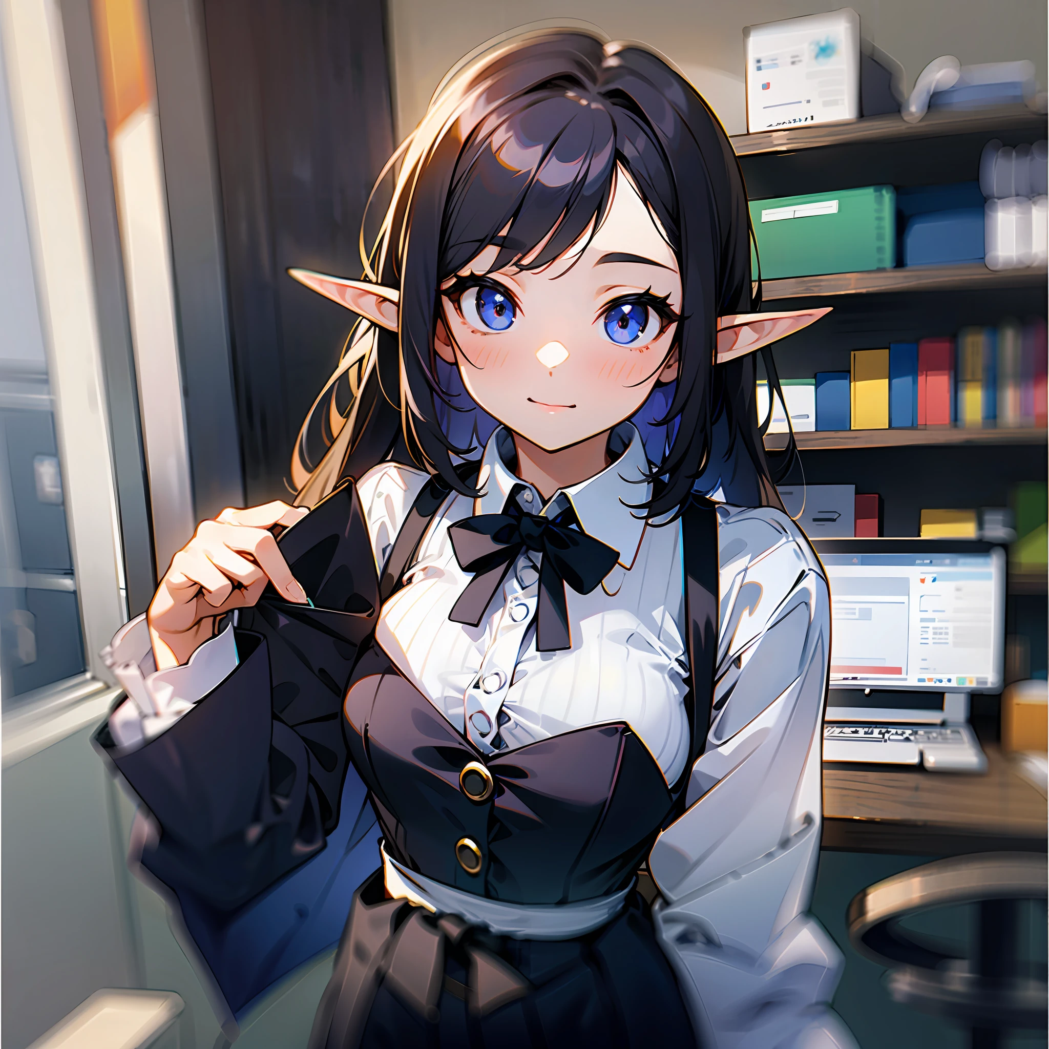masterspiece、Ultra high image quality、High Accuracy、Young cute beautiful elf、Art Works、smalll breasts、Tied waist、small ass、ruffles、Oversized clothes、Office Worker、Black slacks