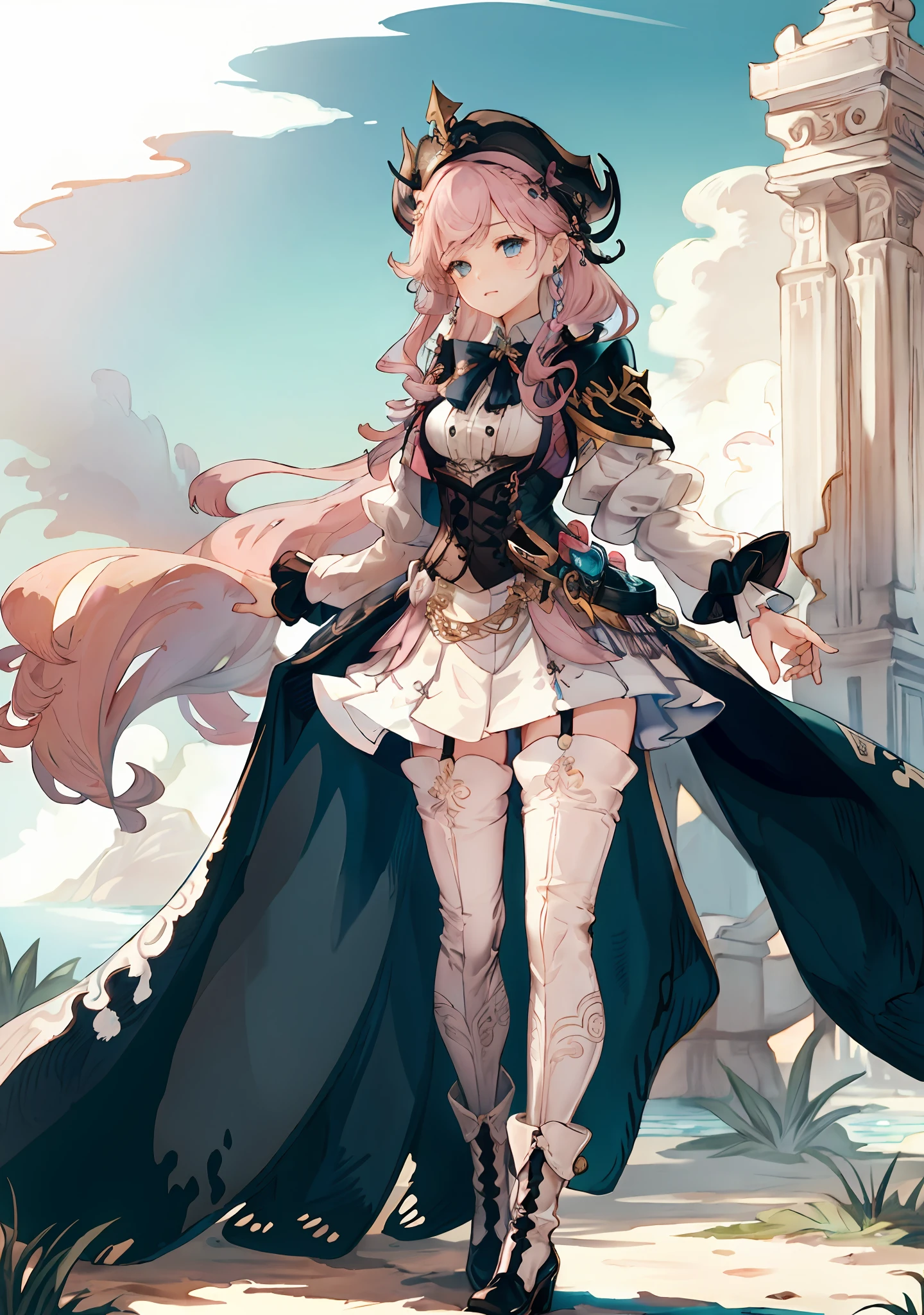 杰作, best possible quality, 1 girl,intricately-detailed,intricate background,Very long hair, Bubblegum pink hair,Waterfall braid,Sky blue eyes, swampy,slender,white blouse shirt,Short black skirt,white stocking,Black leather boots,Black cape