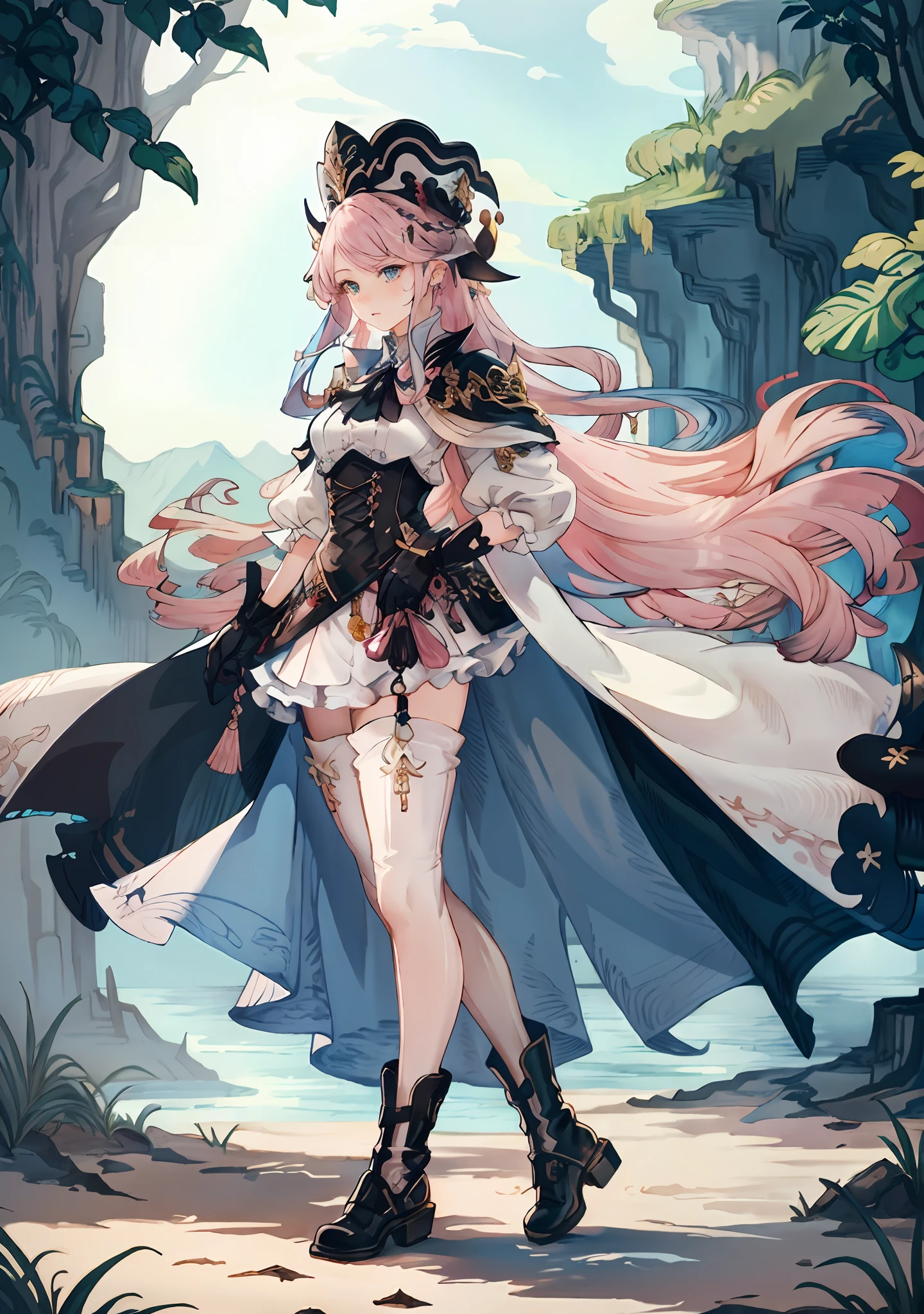 杰作, best possible quality, 1 girl,intricately-detailed,intricate background,Very long hair, Bubblegum pink hair,Waterfall braid,Sky blue eyes, swampy,slender,white blouse shirt,Short black skirt,white stocking,Black leather boots,Black cape