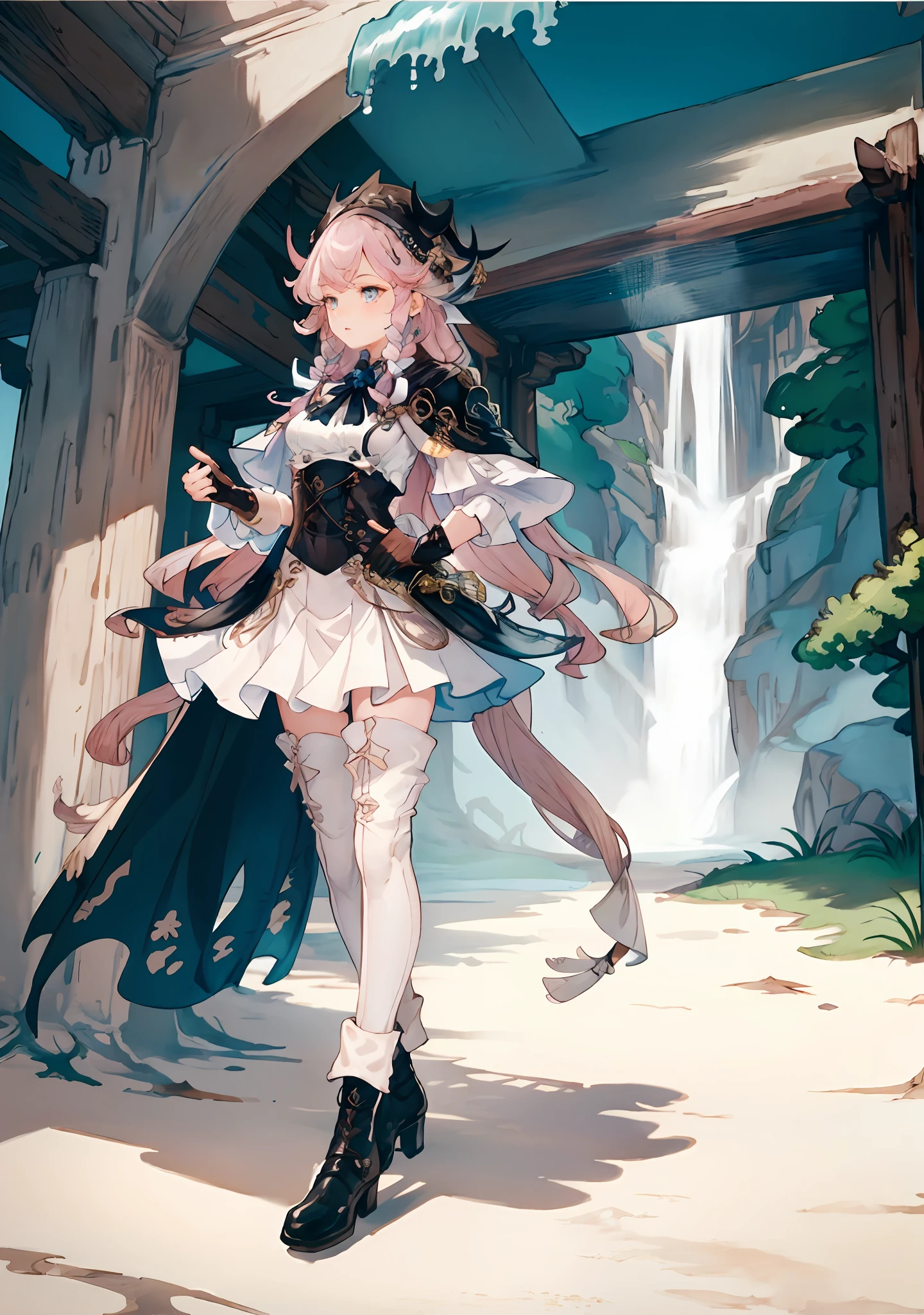 杰作， best possible quality， 1 girl，intricately-detailed，intricate background，Very long hair， Bubblegum pink hair，Waterfall braid，Sky blue eyes， swampy，slender，white blouse shirt，Short black skirt，white stocking，Black leather boots，Black cape