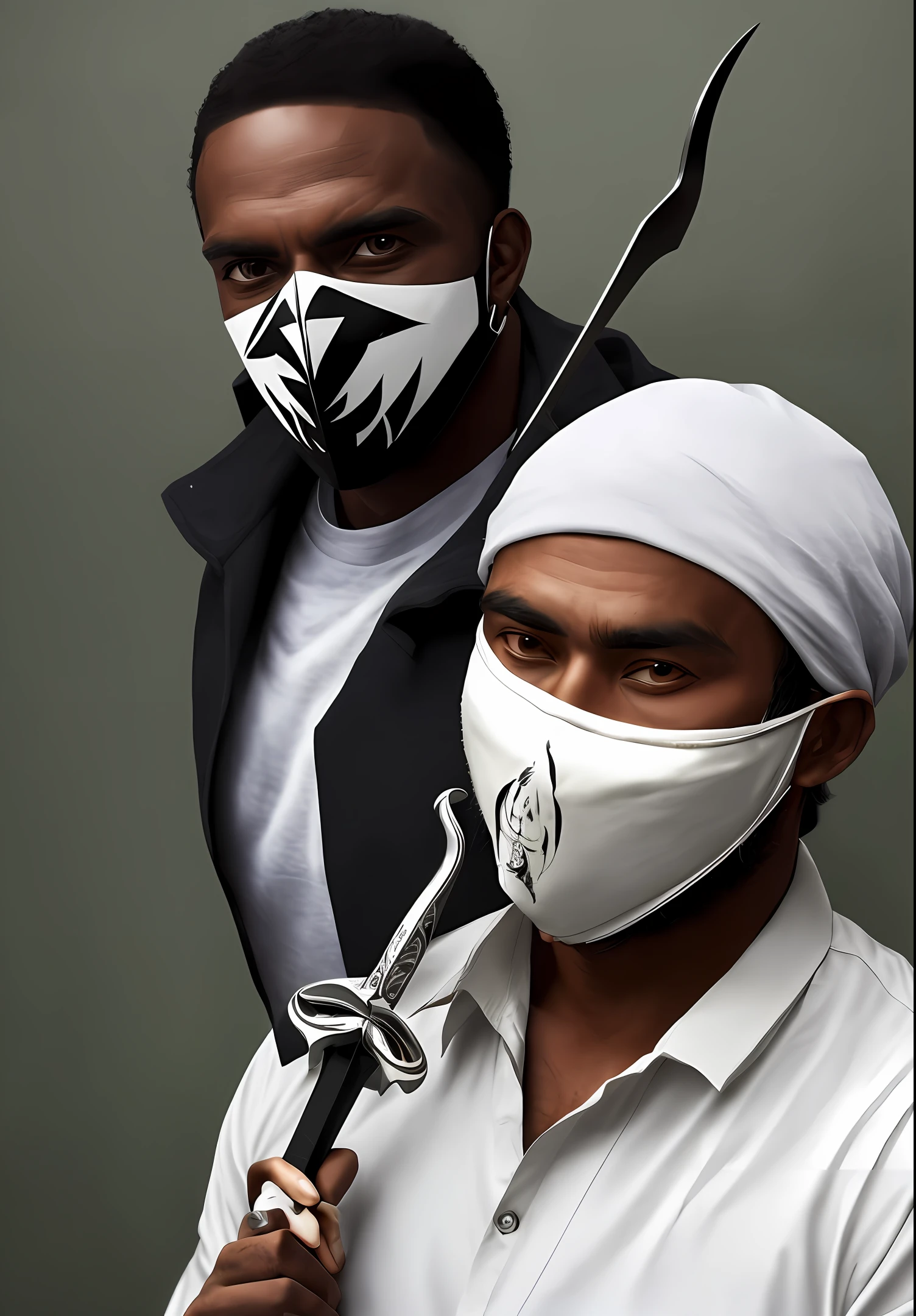 Man with a white mask on his face, de terno preto, and with a sickle in his right hand