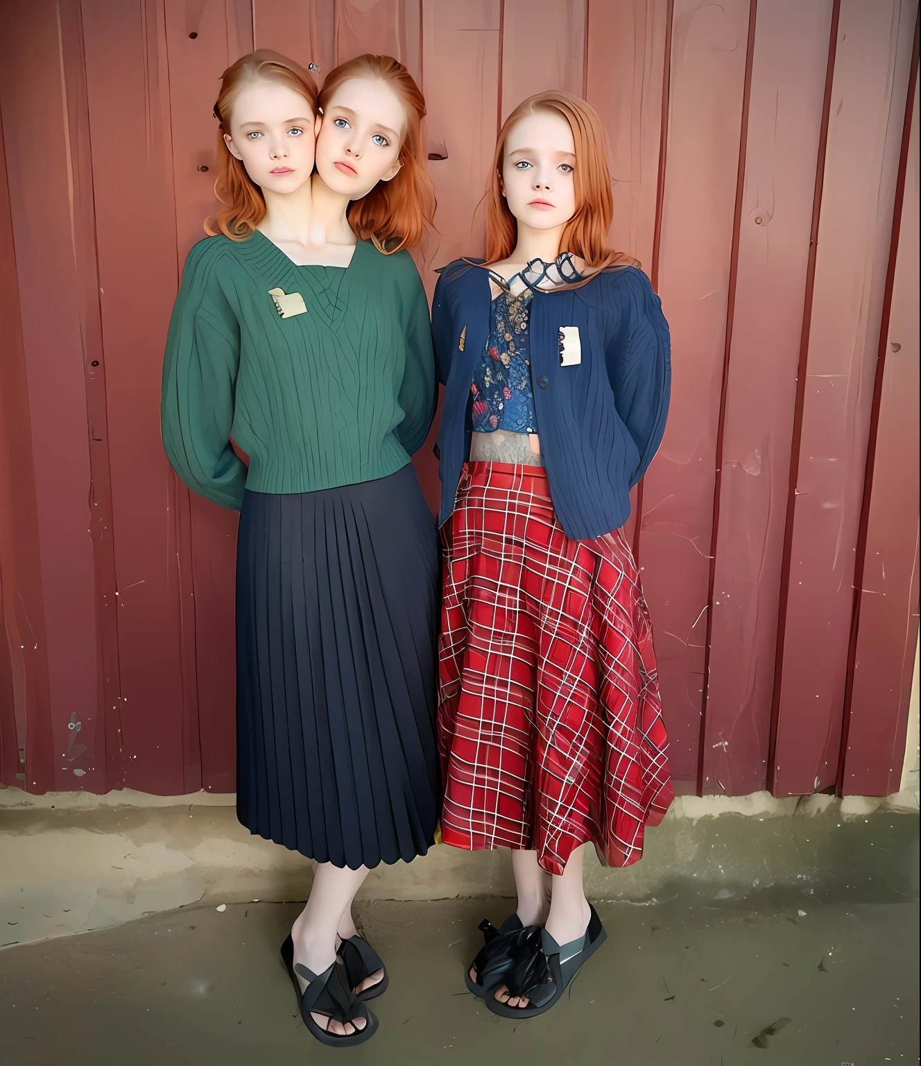 2heads, two headed girl, (one torso:1.5), pale skin, Scottish redhead, teenager, white girls, different ages, (two heads on one body:1.4), (first head uncomfortable:1.5), (second head unhappy:1.5) conjoined twins, heads side by side, one torso, young, uncomfortable, barefoot