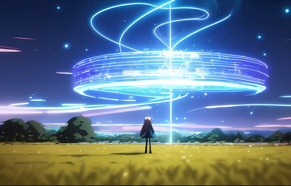 a close up of a person standing in a field with a light painting, hologram hovering around her, screenshot from a 2012s anime, anime movie screenshot, spirits coming out of portal, screenshot from the anime film, an epic anime of a energy man, afrofuturism anime, depicted as a scifi scene, animation still screencap, legend of korra setting