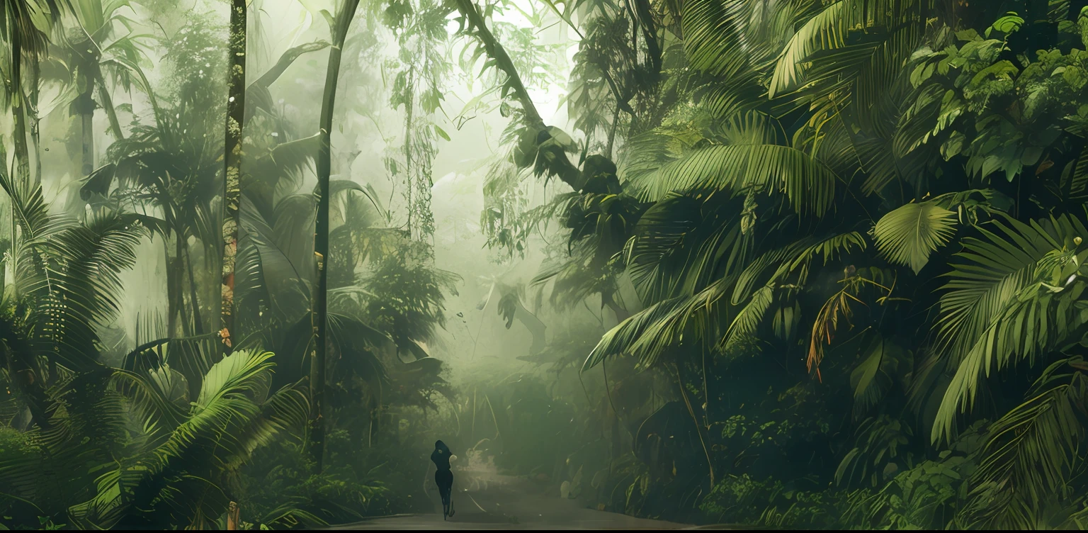 there is a man riding a horse through a lush green forest, tropical forest, wet lush jungle landscape, foggy jungle, lush rainforest, tropical jungle, beautiful jungle, eerie jungle, lush rain forest, jungle landscape, rainforests, dense jungle, beautiful jungle landscape, jungle as the background, in a highly detailed jungle, green jungle, in a tropical forest