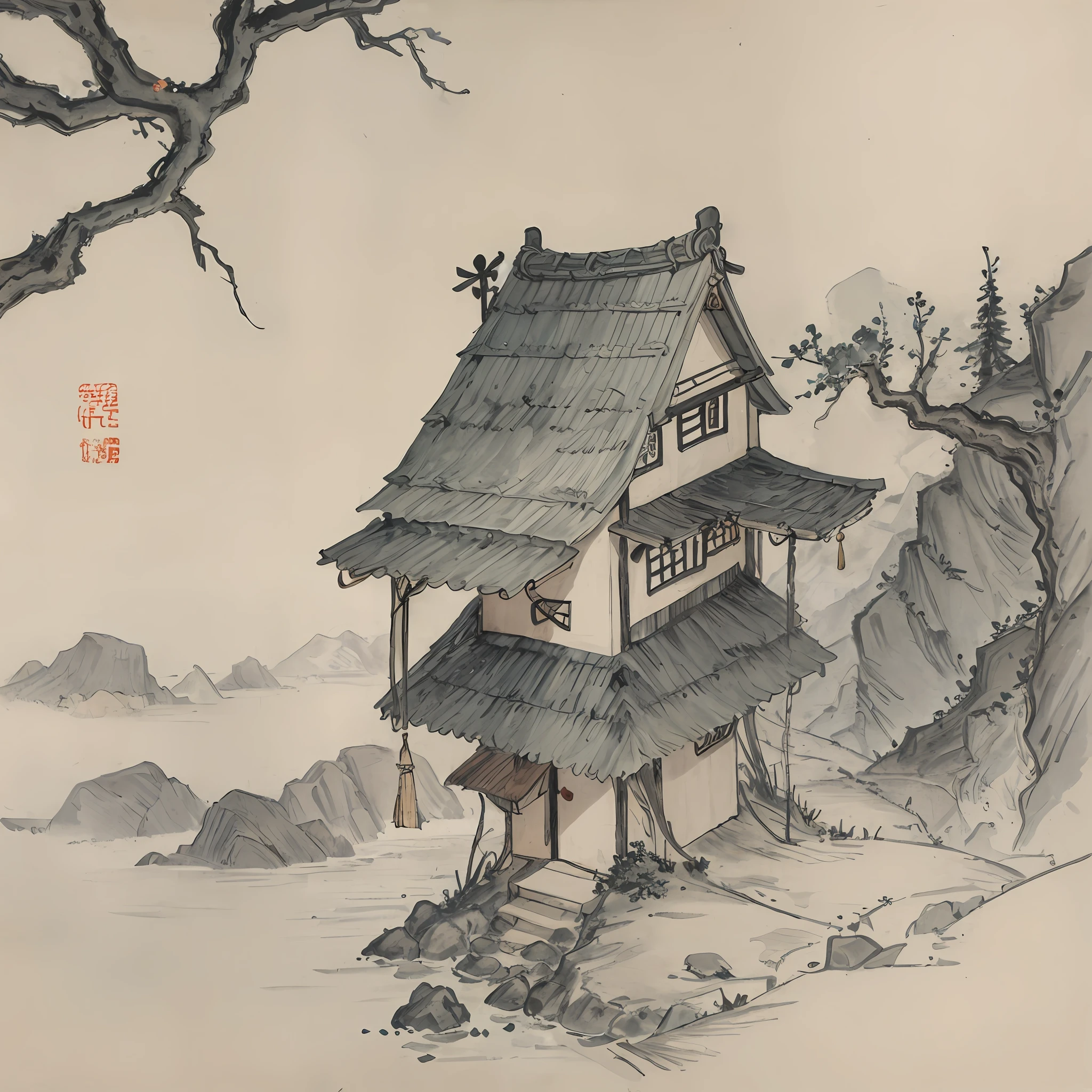 Juniper Berry House,Three floors,Chinese wind,Modern cartoon hand drawn,musgo