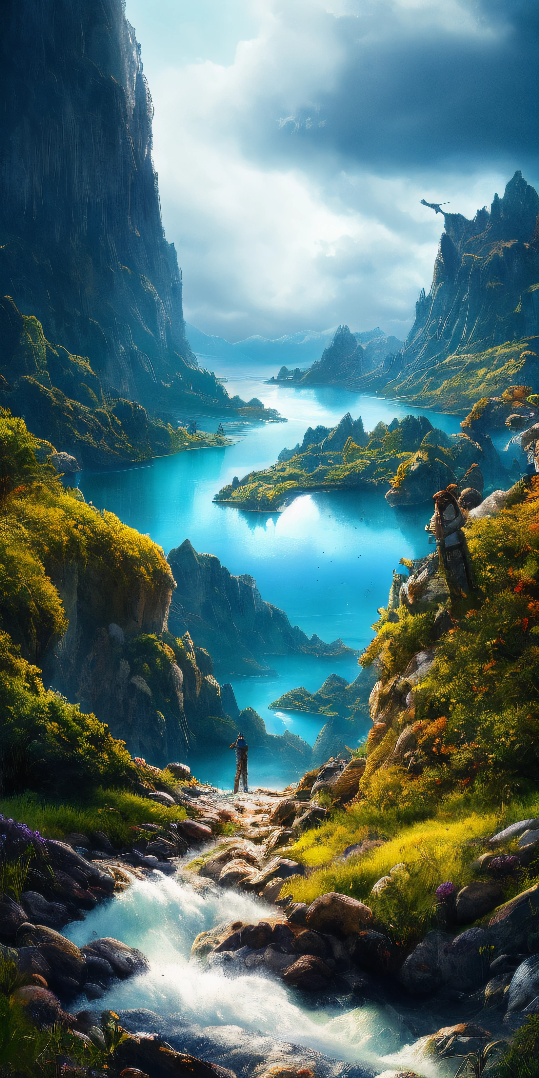 Masterpiece, best quality, high quality, extremely detailed CG unity 8k wallpaper, landscape, outdoor, sky, cloud, sky, no humans, mountain, landscape, water, tree, blue sky, waterfall, cliff, nature, lake, river , cloudy skies, award winning photography, bokeh, depth of field, HDR, bloom, chromatic aberration, photorealism, very detailed, trending on artstation, trending on CGsociety, intricate, high detail, dramatic, midjourney art