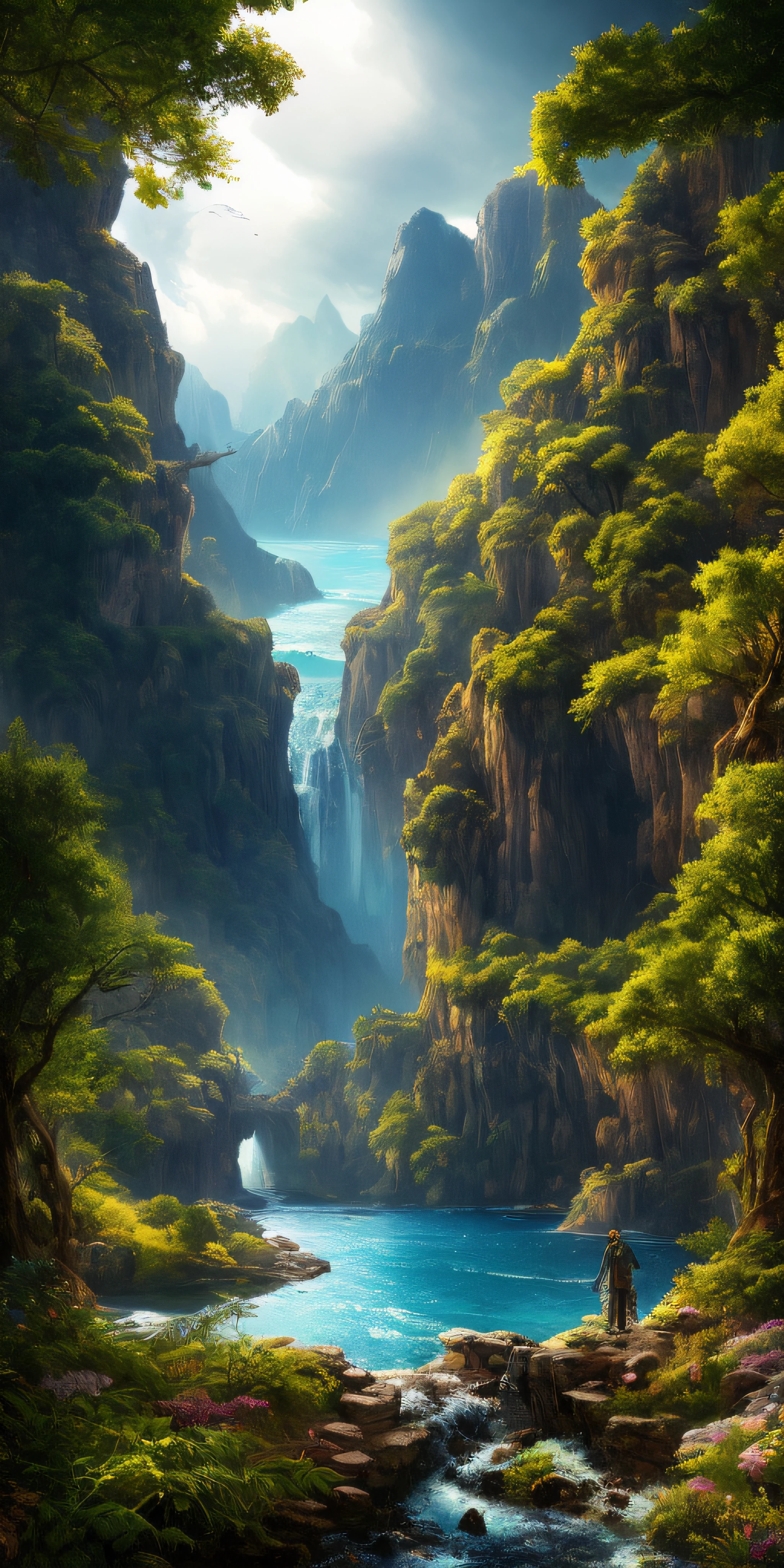 Masterpiece, best quality, high quality, extremely detailed CG unity 8k wallpaper, landscape, outdoor, sky, cloud, sky, no humans, mountain, landscape, water, tree, blue sky, waterfall, cliff, nature, lake, river , cloudy skies, award winning photography, bokeh, depth of field, HDR, bloom, chromatic aberration, photorealism, very detailed, trending on artstation, trending on CGsociety, intricate, high detail, dramatic, midjourney art