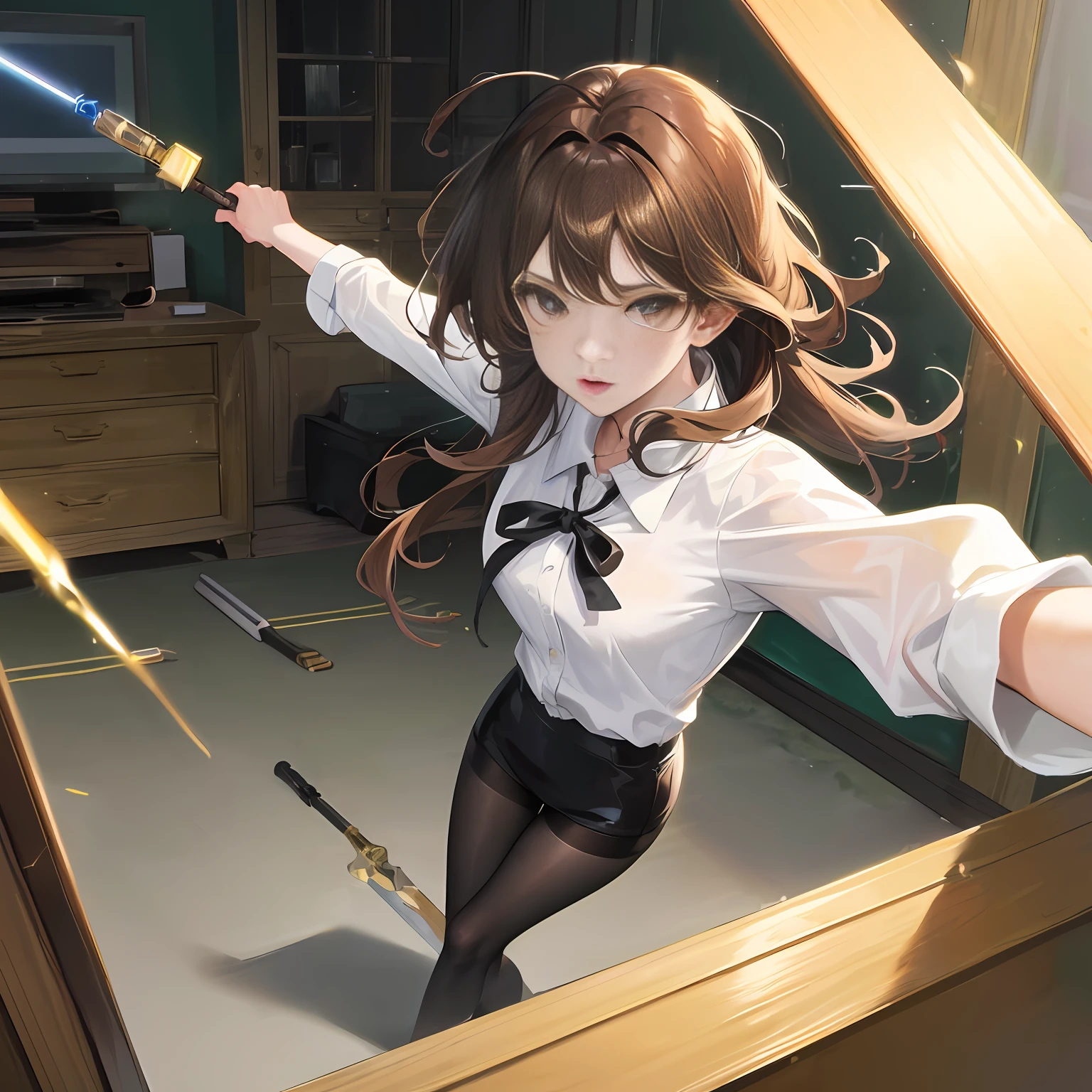 1个女孩,Perfect face,beauty woman,Middle-aged woman,brown colored hair,Messy hair,long haired,hair wavy,Wear a white shirt,black lence stockings, Pale skin,High image qualityBest quality,杰作,逼真,Ultra detailded,photorealestic,With an electric baton,Electric batons,Electric batons,inside room,Attack action