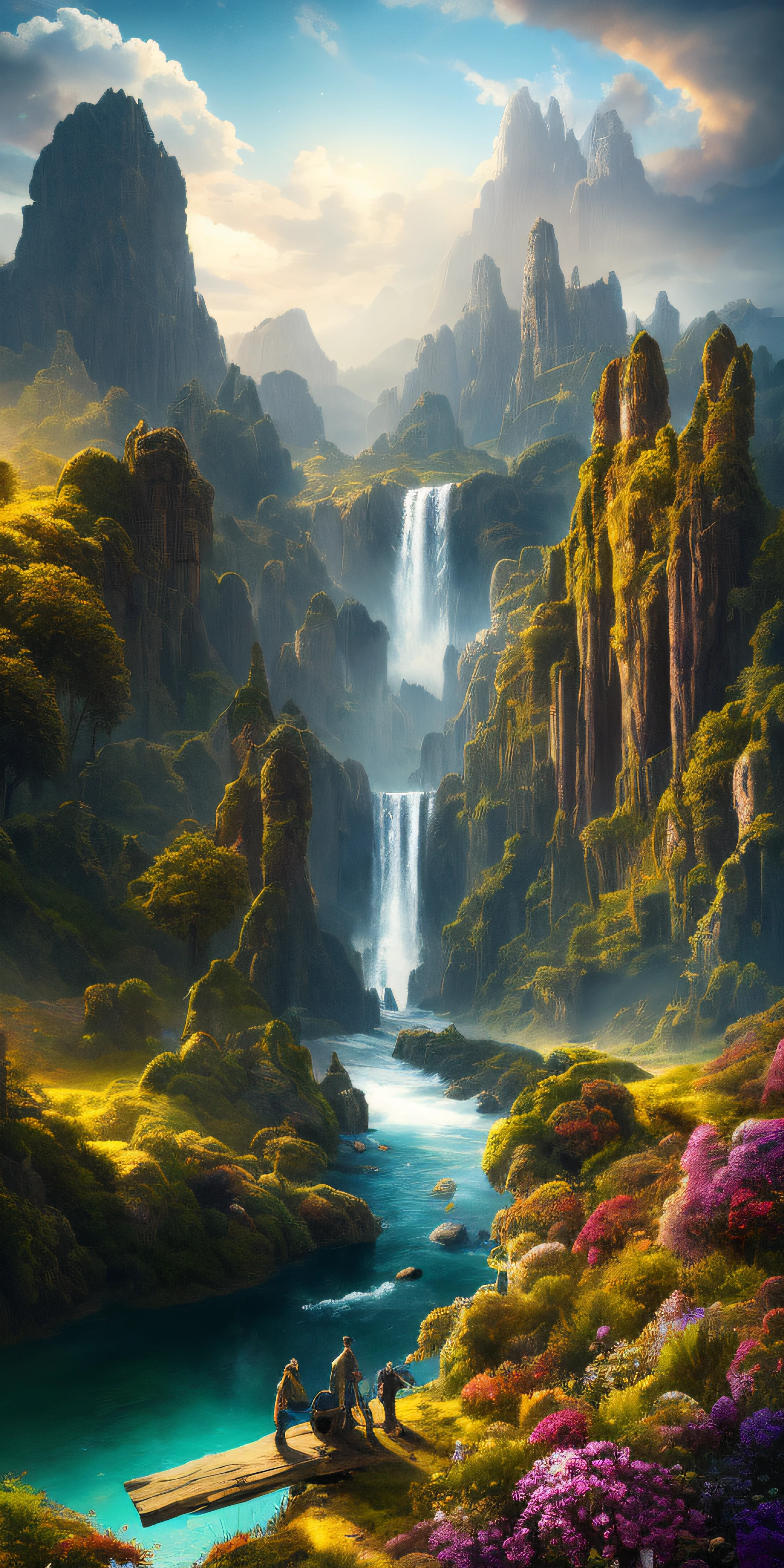 Masterpiece, best quality, high quality, extremely detailed CG unity 8k wallpaper, landscape, outdoor, sky, cloud, sky, no humans, mountain, landscape, water, tree, blue sky, waterfall, cliff, nature, lake, river , cloudy skies, award winning photography, bokeh, depth of field, HDR, bloom, chromatic aberration, photorealism, very detailed, trending on artstation, trending on CGsociety, intricate, high detail, dramatic, midjourney art