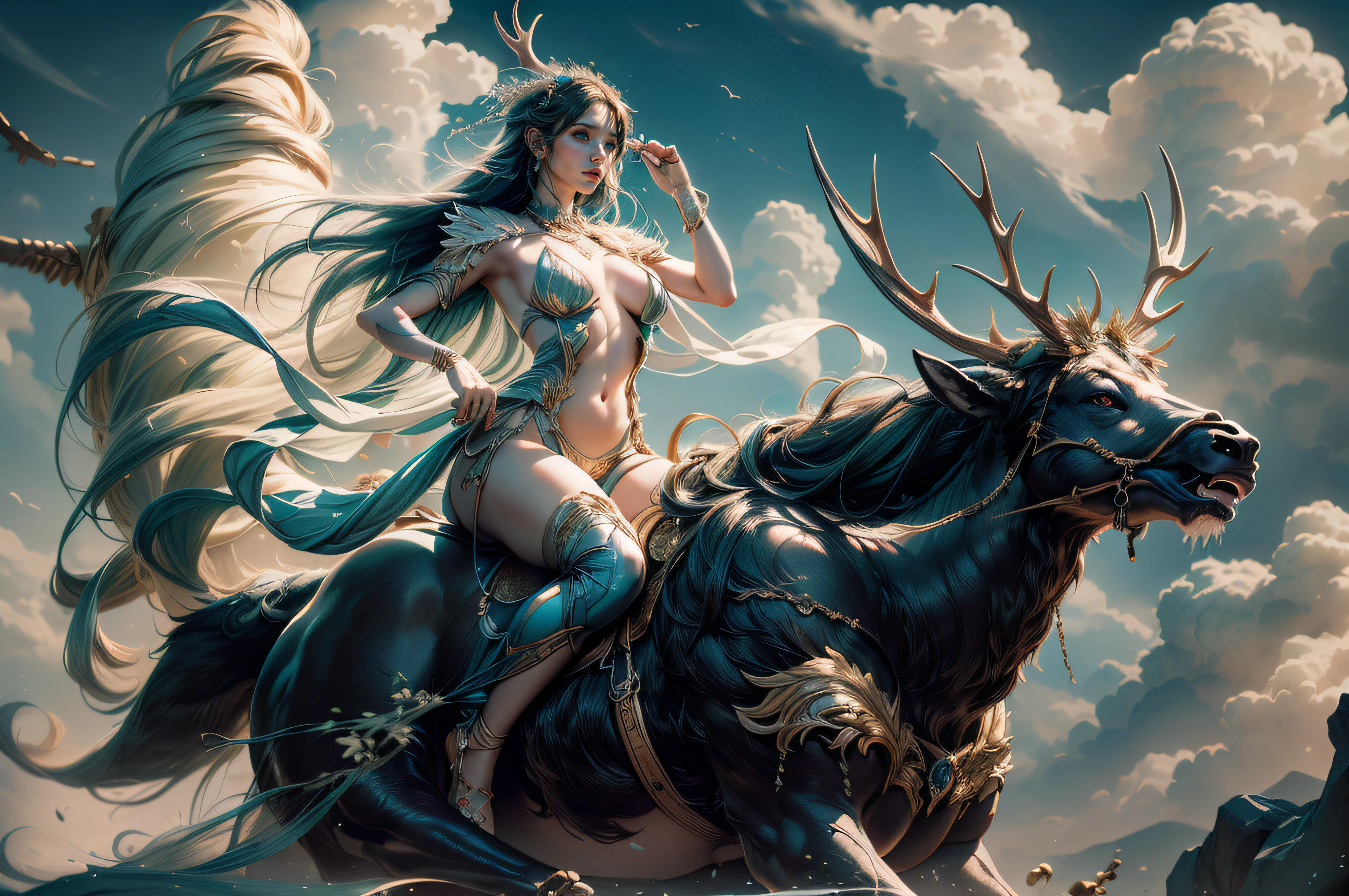 (women riding an giant elk, the hair flutters with the wind), cinematic screen, ethereal, detailed, alluring succubus, ethereal beauty, perched on a cloud, (fantasy illustration:1.3), enchanting gaze, captivating pose, otherworldly charm, mystical sky, soft colors, (detailed cloudscape:1.3), (high-resolution:1.2), ((masterpiece)), (best quality), HDR