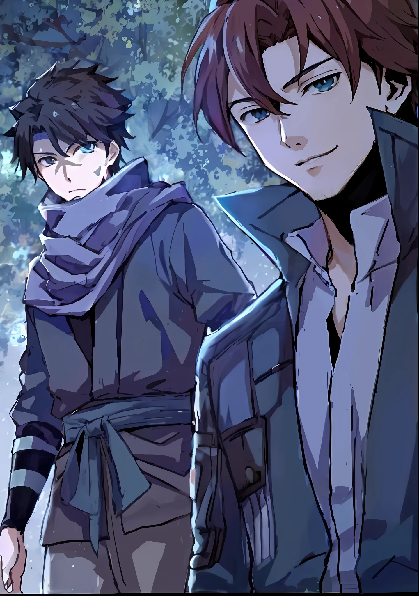 a couple of anime characters standing next to each other, two anime handsome men, makoto shinkai and (cain kuga), hidari and vlop, makoto shinkai and bioware, anime style like fate/stay night, inspired by Okumura Masanobu, handsome guy in demon slayer art, anime cover, hijikata toushirou
