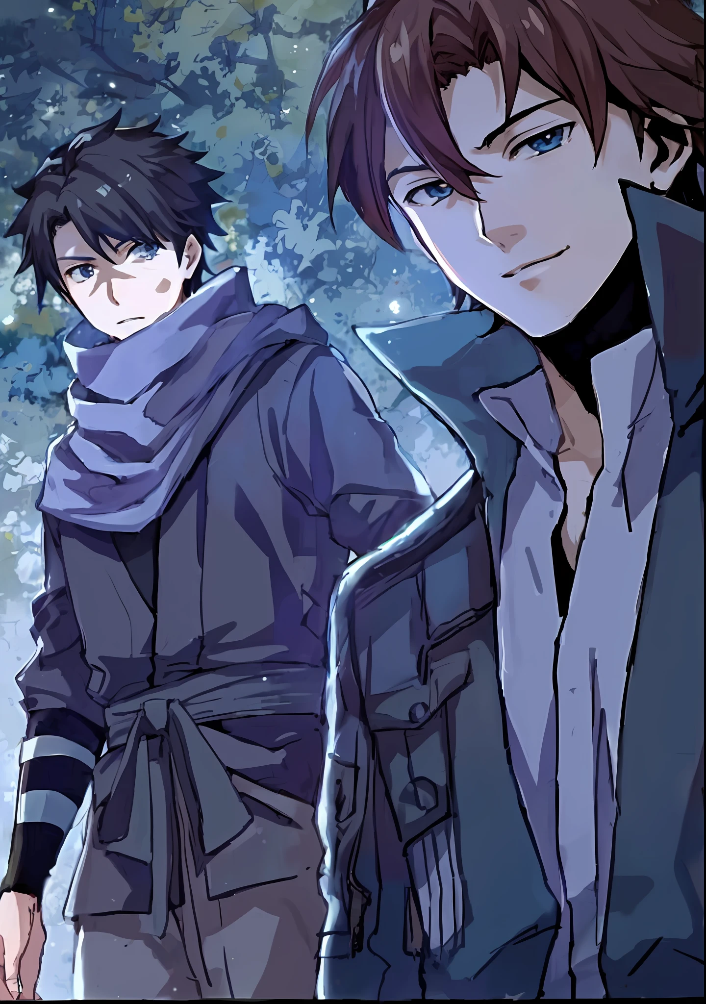 a couple of anime characters standing next to each other, two anime handsome men, makoto shinkai and (cain kuga), hidari and vlop, makoto shinkai and bioware, anime style like fate/stay night, inspired by Okumura Masanobu, handsome guy in demon slayer art, anime cover, hijikata toushirou