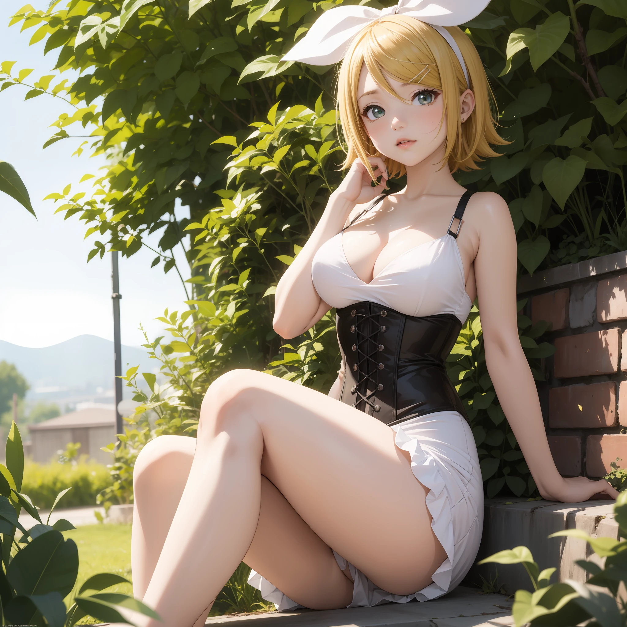 Kagamine Rin , vestido corto con corset , usando medias blancas con tirantes (sexy) , maquillaje ligero , vestido seductor y sugestivo, Curvy dress accentuating the figure , ligero vistazo a sus bragas , pecho mediano , grandes muslos , sitting in the garden in suggestive pose , Chica sexy , Chica anime , Kagamine Rin , calidad 8k , Chica anime , , linda chica loliagamine Rin