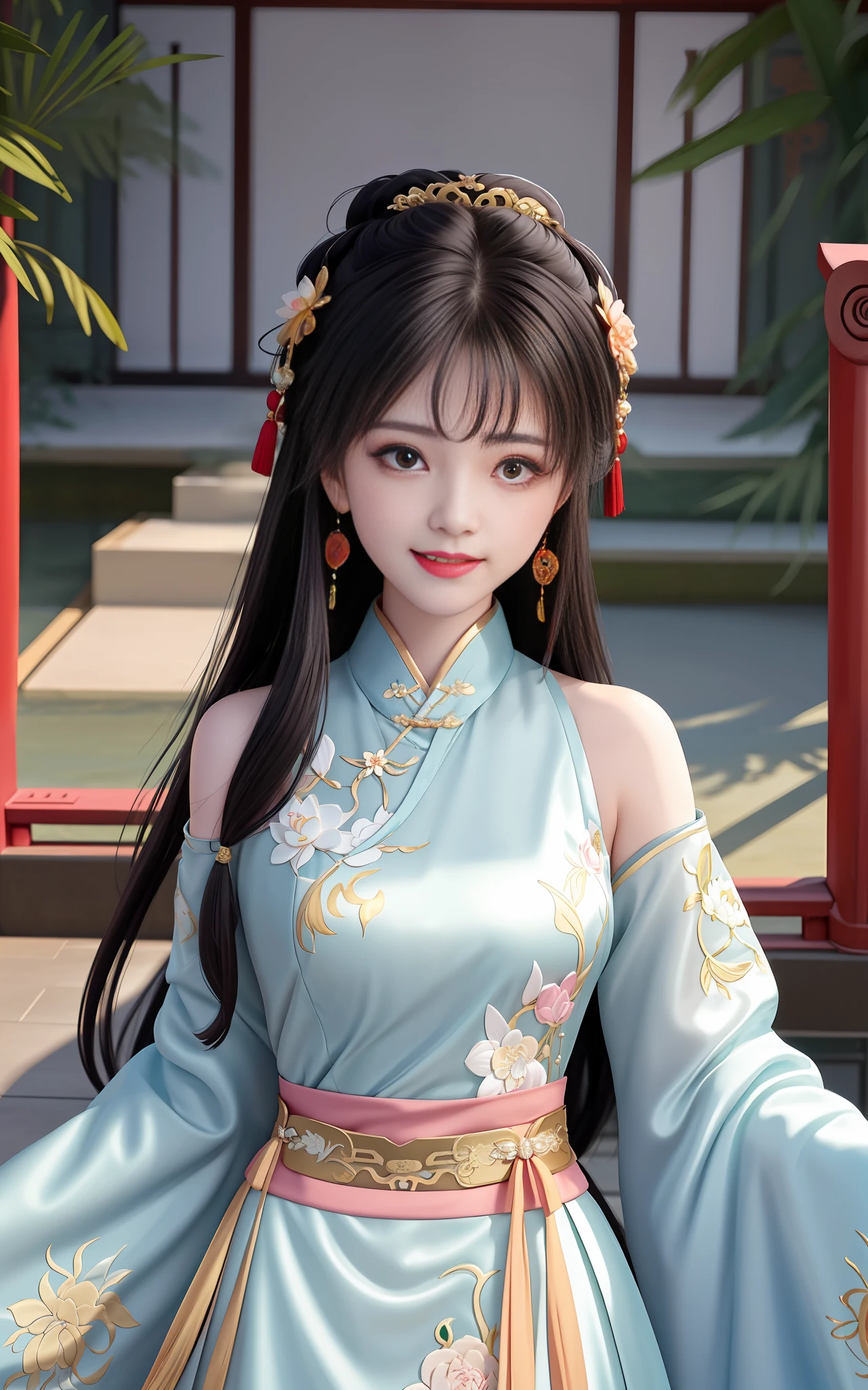 hight detail，8K分辨率，The ultra-great resolution，The best picture quality beautiful girl，Peerless beauty，Extremely beautiful（（Bamboo shoot-shaped chest）），（Chinese style ancient style black flowing hair with exquisite buns）Hair bangs，（Long flowing hair，With a bun:1.3）），Exquisite clavicle，beautiful make up，Delicate and perfect facial features，，Big watery eyes，Lying silkworm，Long eyelashes，The eyes are sweet and have eye shadow，Slim waist，Do not show your hands，，(((With a sweet smile on your face:1.3)))，lipsticks，Blushlush，Delicate earring earrings，closeup of face，Bust，(Wearing a high-necked translucent red tulle fairy dress（With exquisite embroidery，With a shirt with large sleeves，Bare shoulders:1.3）)，Fresh and natural，Tranquil and beautiful，，（Facing the viewer），Extreme image quality，Highest accuracy，Close-up，forward leaning，dynamic angle。HighestQuality，杰作，A masterpiece，extreme hight detail，Delicate portrayal of facial features，（Delicate hair portrayal），（Delicate eye portrayal），Long hair with a gradient of white and blond，Delicate hairpins，（（（White dragon horn））），（（Luxurious tiara）），Exquisite Hanfu，（（Overlapping clothes）），Heavy clothes，（（Intricate red patterns on clothes）），Delicate green dragon on clothes，red-lips，Danfeng Eyes，EYE LASHES，（（valkyrie）），4K quality，Brilliant light and shadow，Tindal effect，（very long flowing hair），（（gold hairband）），Gorgeous scene，Side face，（Royal sister），（（a throne）），（（Ancient Chinese architecture）），（（Majesty）），｛杰作｝，｛Beauty in period costume｝，（Splash ink），National style，（A beautiful girl like a lotus，long eyelash），（（black color hair：1.01，Curvy body：1.02））（Splashed ink light lotus flowers，Jewel-like eyes with lotus pattern），（（Phnom Penh Hanfu printed with lotus motif，Hairpins in the shape of lotuses）），（Cold face：0.6，gentleness：0.8），Exquisite five views，Ultra-high image quality，Ultra-high resolution，Exquisite line drawings，（（A beautiful portrait of a person）），hight detail,8K分辨率,The ultra-great resolution,A young girl, a cute girl，bobhair，hair i