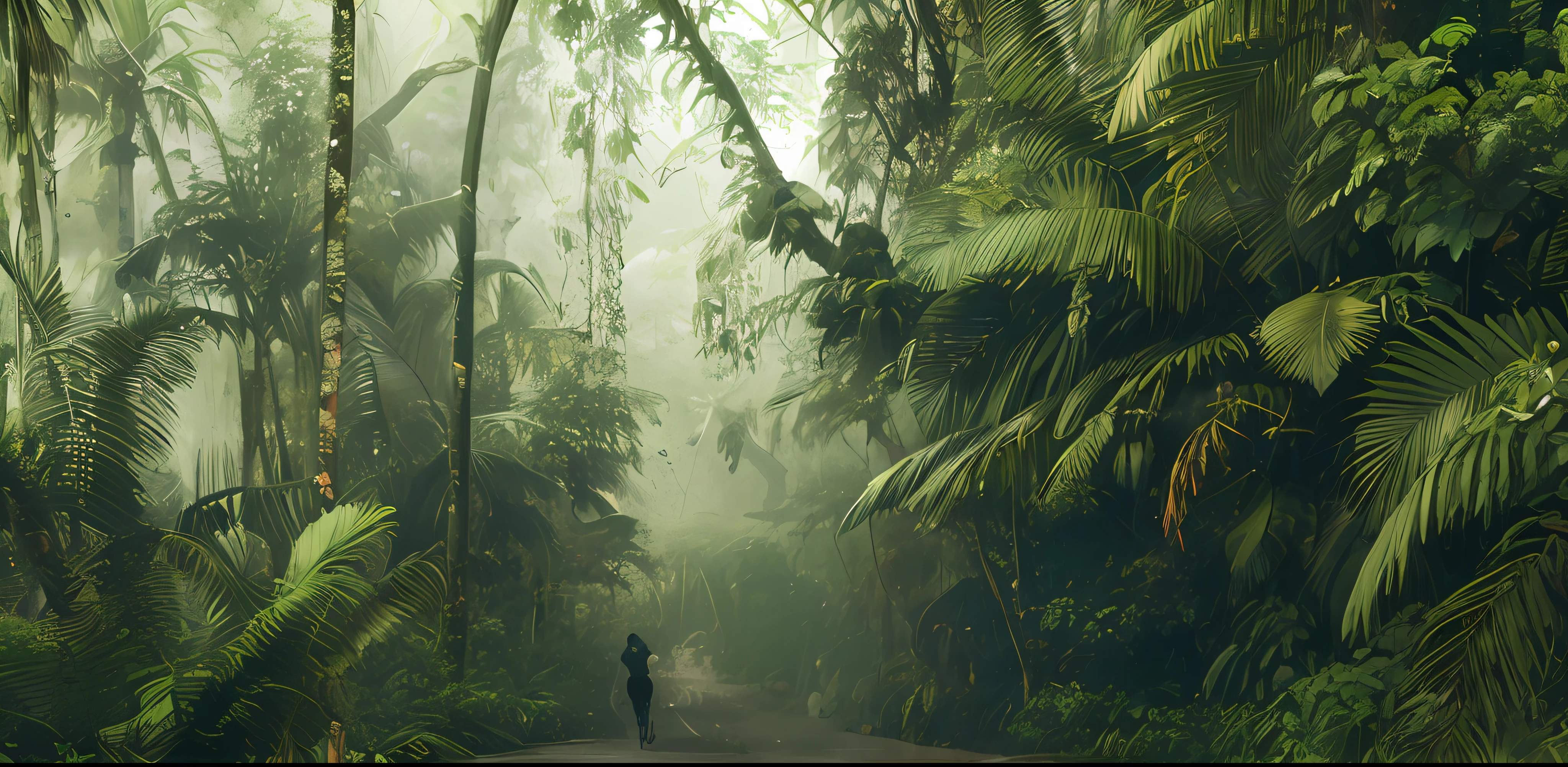 there is a man riding a horse through a lush green forest, tropical forest, wet lush jungle landscape, foggy jungle, lush rainforest, tropical jungle, beautiful jungle, eerie jungle, lush rain forest, jungle landscape, rainforests, dense jungle, beautiful jungle landscape, jungle as the background, in a highly detailed jungle, green jungle, in a tropical forest