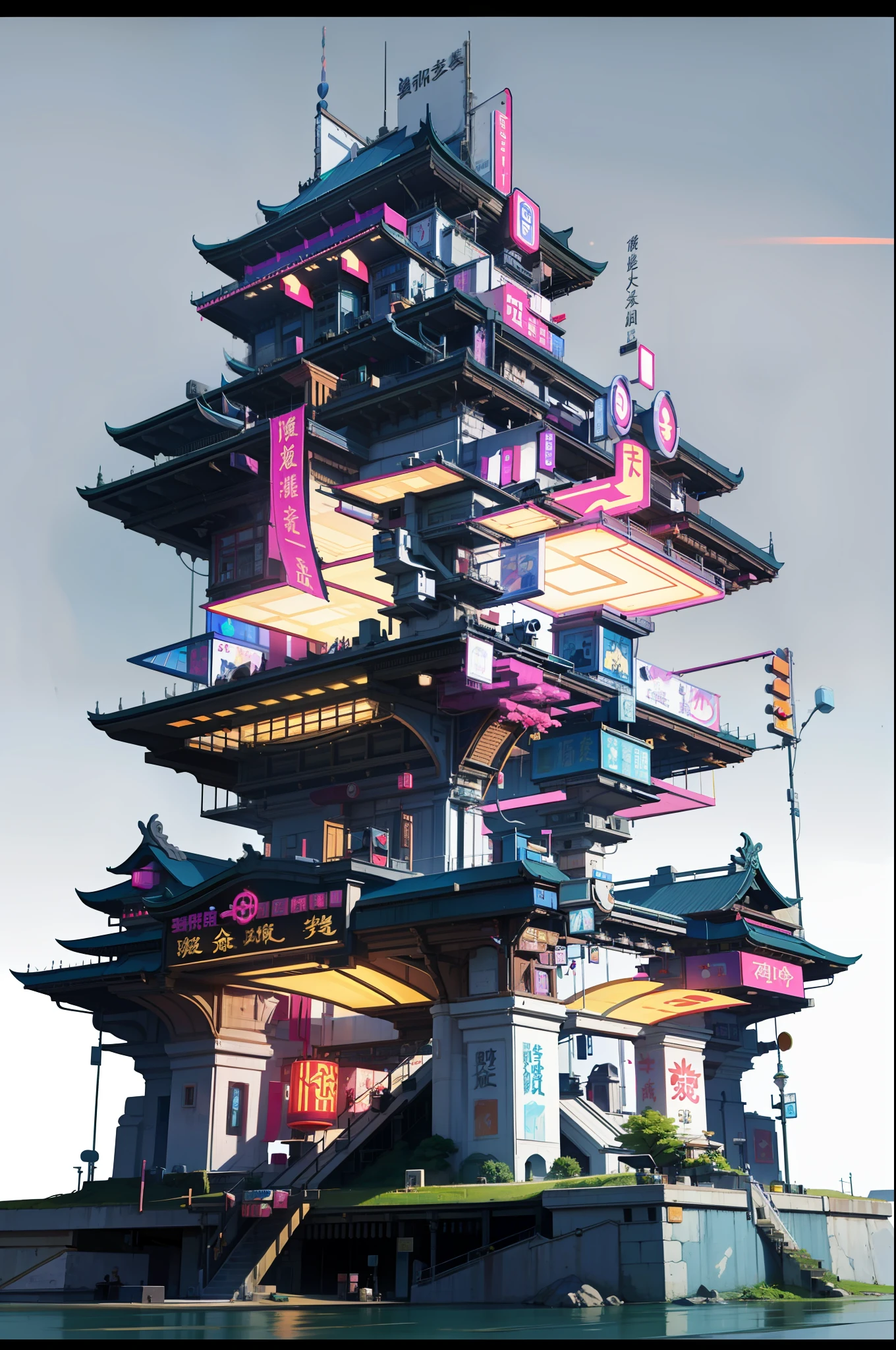 Game Academy，Ethno-style architecture，Ancient Chinese，Structurally sound、high-definition details，Science fiction，neon lit，The cyberpunk，Particle effects，perfect works，White background，（杰作，premier quality，best qulaity，officlal art，Beauty and aesthetics：1.2），（8K，best qulaity，杰作：1.2）