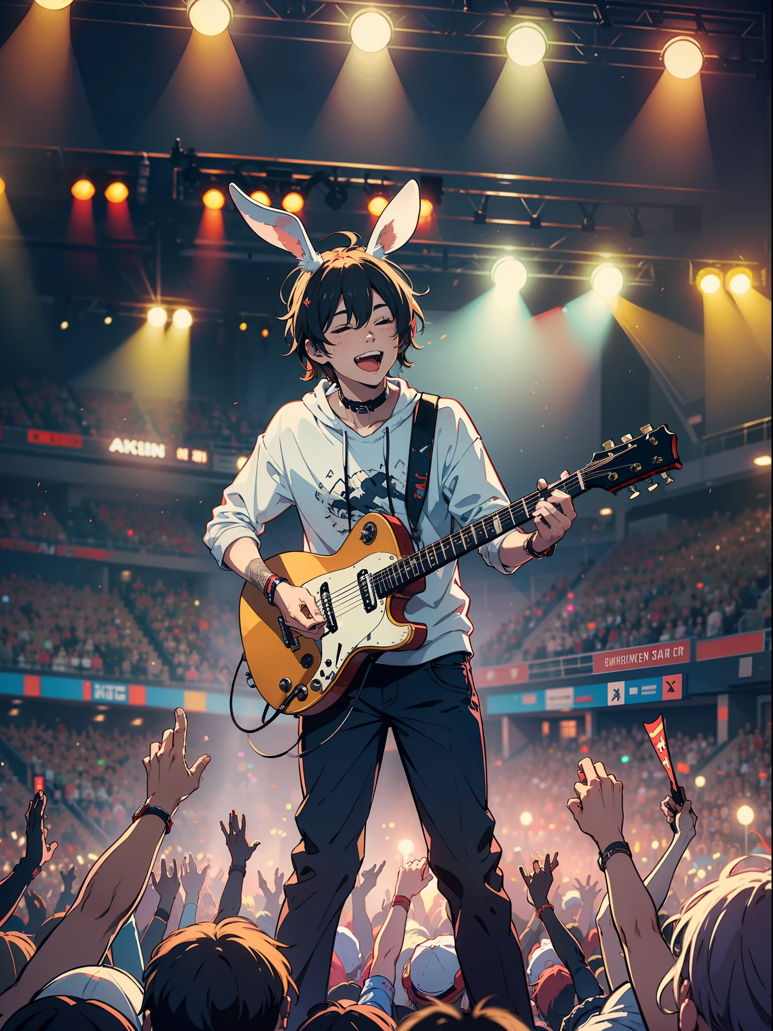 rabbit man playing the guitar, rockstar, crowd cheering, lights, concert, band, having fun
