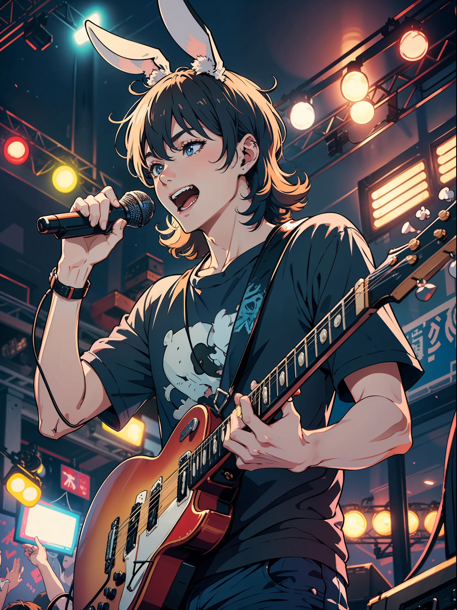 rabbit man playing the guitar, rockstar, crowd cheering, lights, concert, band, having fun
