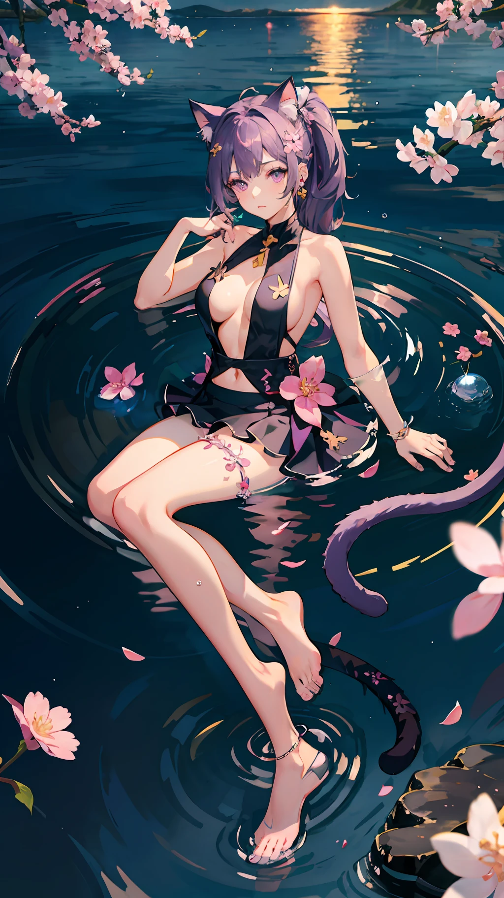 kawaii girl,earrings,front ponytail,purple hair,pink eyes,purple eye shadow,hair flower,((cat ears)),dynamic angle,indifferent gaze,full body,((swim skirt)),(side boob:1.3),shinning clothes,shiny eyes
floating raindrop,moonlight,fog,ocean,coast,starry sky,sakura,cherry blossom,