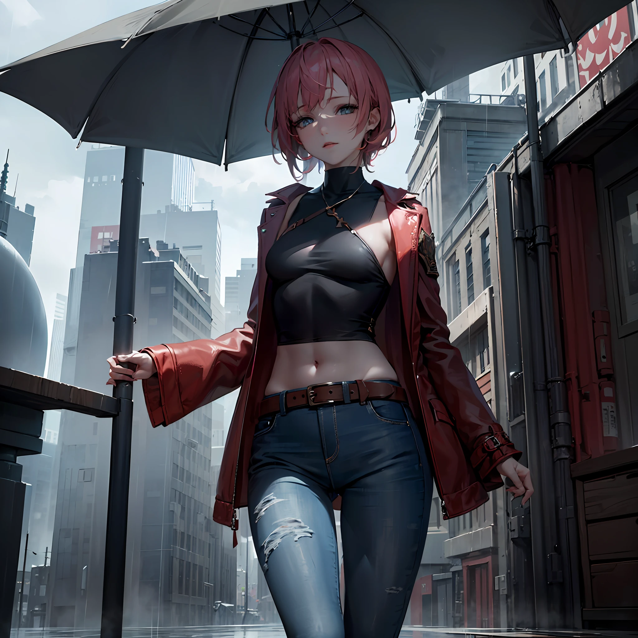 maryms, Best Quality,(beauty), 1girl,phisically-based render ,ultra highres,(cowboy shot:1.5),narrow waist, skinny, LeonaMS ,muscular, big blue eyes,long legs,jeans,leather belt,small breasts,puffy eyes, leather belt,(rainy city), shiny skin, facing viewer, Victory posture, --auto