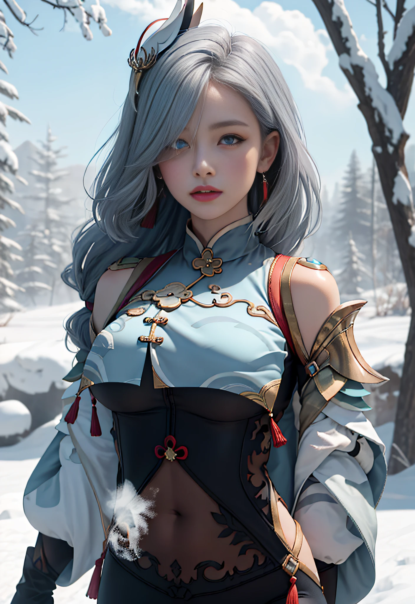 ((masterpiece)), (best quality:1.7), (detailed:1.4), (high res:1.4), 8k, (colorful:1.5), ((2d)), high resolution, sharped image, 4k, hd, shenhe_genshin, 1girl, (((solo))), ((grey hair)), (((light blue eyes))), long hair, (very long hair), ((hair over one eye)), ((braided ponytail)), ((((face focus)))), (((arms on air))), (small breasts), ((middle body)), (((cowboy shot)))), ((white breasts)), ((((breast courtain)))), blush, looking at viewer, bodysuit, long sleeves, shoulder cutout, covered navel, clothing cutout, black gloves, jewelry, partially fingerless gloves, ((hip vent)), earrings, tassel, chinese clothes, curvy body, ((white bodysuit)), (big hips), (character focus), serious, (((on fram))), snow, forest, sun, sky, clouds, ((white chest)), hair ornament, ((((breast large courtain)))),
