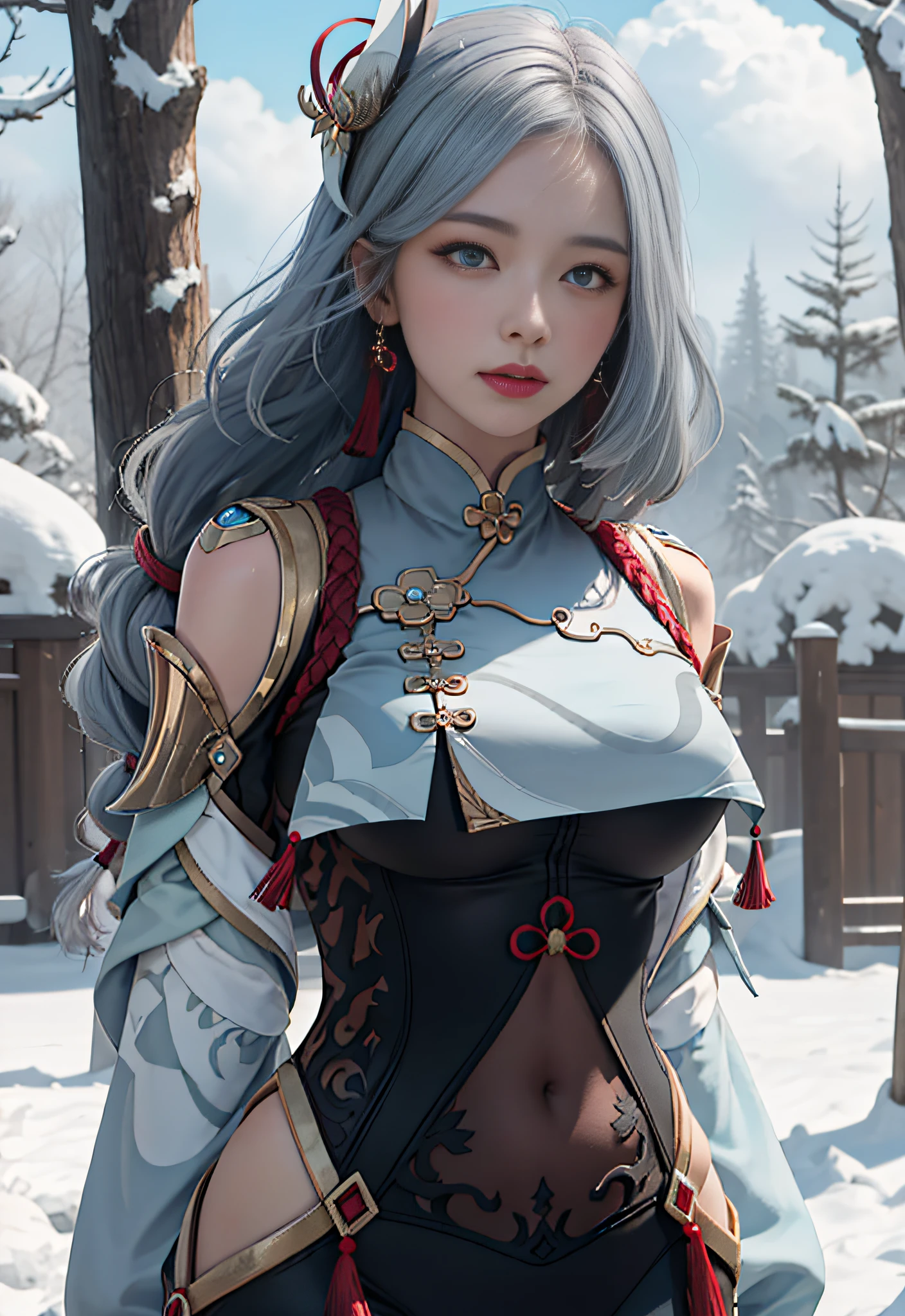 ((masterpiece)), (best quality:1.7), (detailed:1.4), (high res:1.4), 8k, (colorful:1.5), ((2d)), high resolution, sharped image, 4k, hd, shenhe_genshin, 1girl, (((solo))), ((grey hair)), (((light blue eyes))), long hair, (very long hair), ((hair over one eye)), ((braided ponytail)), ((((face focus)))), (((arms on air))), (small breasts), ((middle body)), (((cowboy shot)))), ((white breasts)), ((((breast courtain)))), blush, looking at viewer, bodysuit, long sleeves, shoulder cutout, covered navel, clothing cutout, black gloves, jewelry, partially fingerless gloves, ((hip vent)), earrings, tassel, chinese clothes, curvy body, ((white bodysuit)), (big hips), (character focus), serious, (((on fram))), snow, forest, sun, sky, clouds, ((white chest)), hair ornament,  ((((breast large courtain)))),