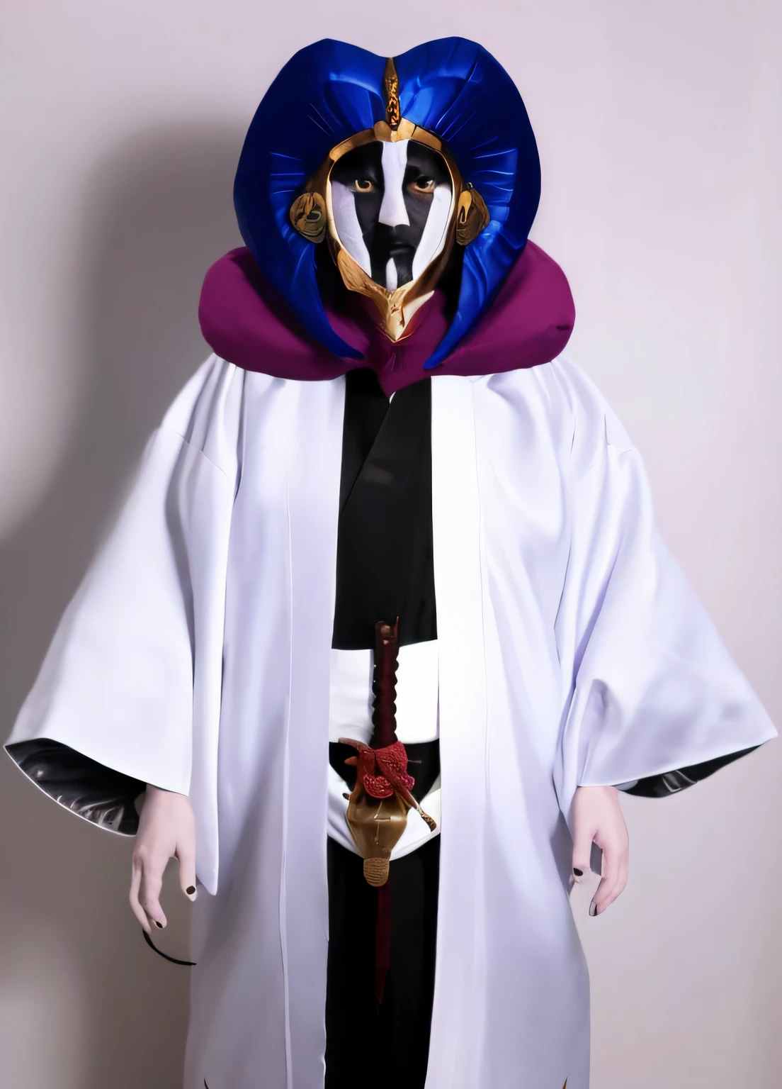 arafed image of a man wearing a white robe and a blue and purple hood, elaborate cult robes, mage robe based on a toucan, Photo of the ghost of Anubis, wearing dramatic aristocrat robe, robed, classic kabuki, inspired by Gyoshū Hayami, dressed as emperor, inspired by Kanō Hōgai