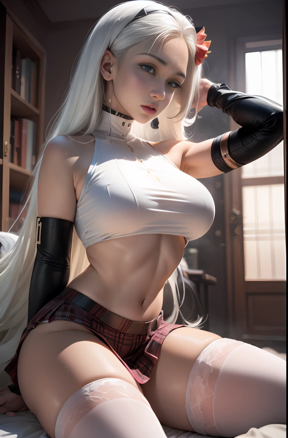 (ai_headback:1.1), 1girl, solo, pale-skinned female, trembling, sweat, neck, crop top, underboobs, white thighhighs, sleeveless, plaid miniskirt, white hair, very long hair, large breasts, (head back:1.5), ahegao