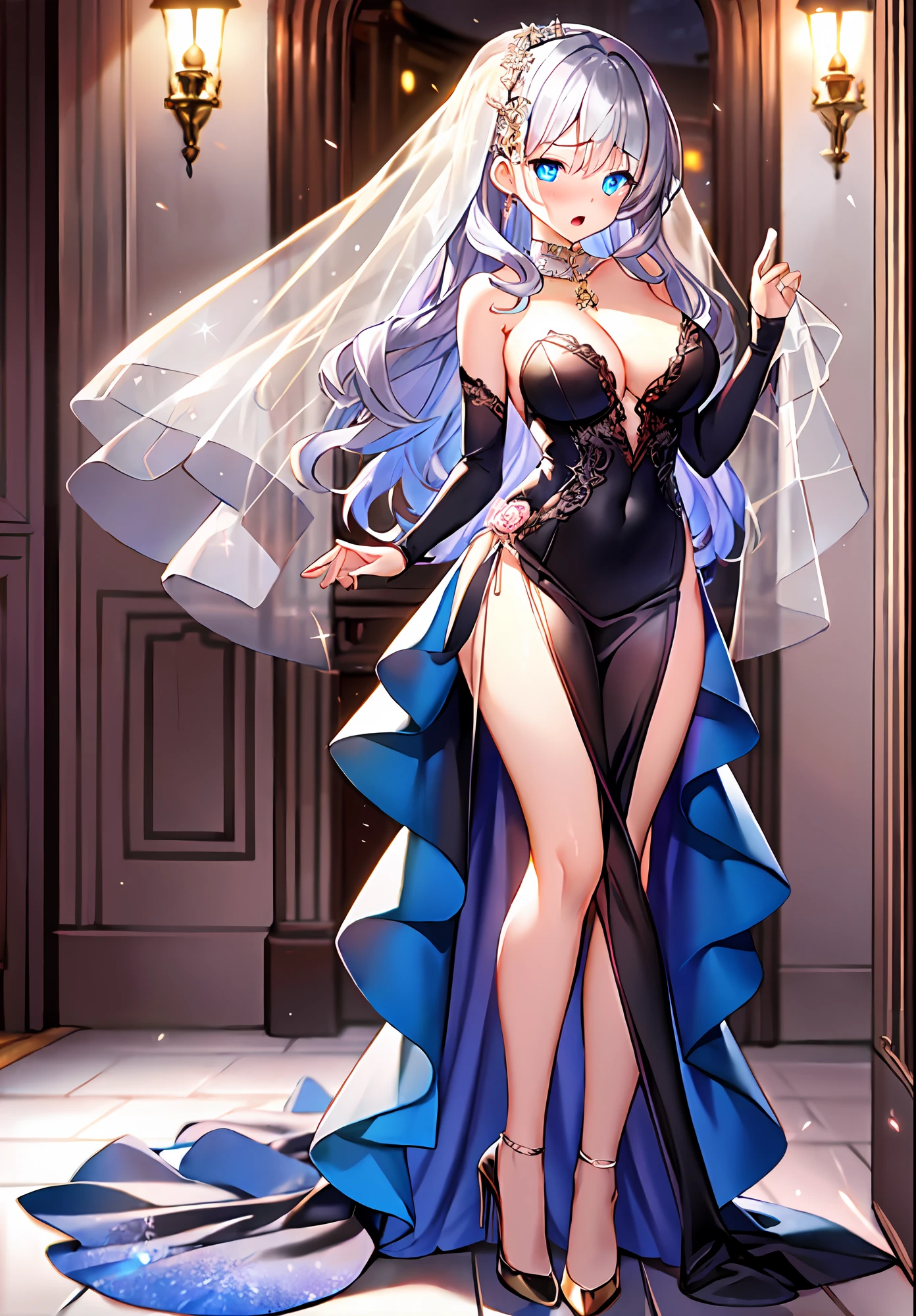 (masterpiece, reflections, atmospheric lighting, dynamic lighting), best quality, 1girl, perfect figure, perfect body, perfect face, dark-silver hair, long luscious curly hair, blue eyes, glowing sky blue eyes, delicate fingers, blushing, shy, embarrassed, lewd, open mouth, black crown, jewel crown, black dress, strapless dress, slit leg dress, wedding dress, evening dress, lingerie dress, black high heels