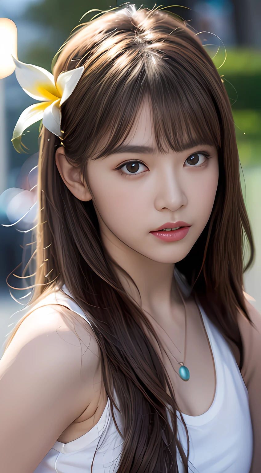 ((Realistic Lighting、The Highest Quality、8K、master masterpiece:1.3))、Clear Focus:1.2、1人の女の子、Perfect Body Beauty:1.4、Slim abs:1.1、total body、((darkbrown hair、big,,:1.3))、(Acceleration:1.4)、(out door、NIGHT:1.1)、View of Waikiki Beach、Slender face、fine eyes、Double Eyelid、poses of fashion models、Floating hair、Plumeria hair ornament、T‐shirt、Pendants、