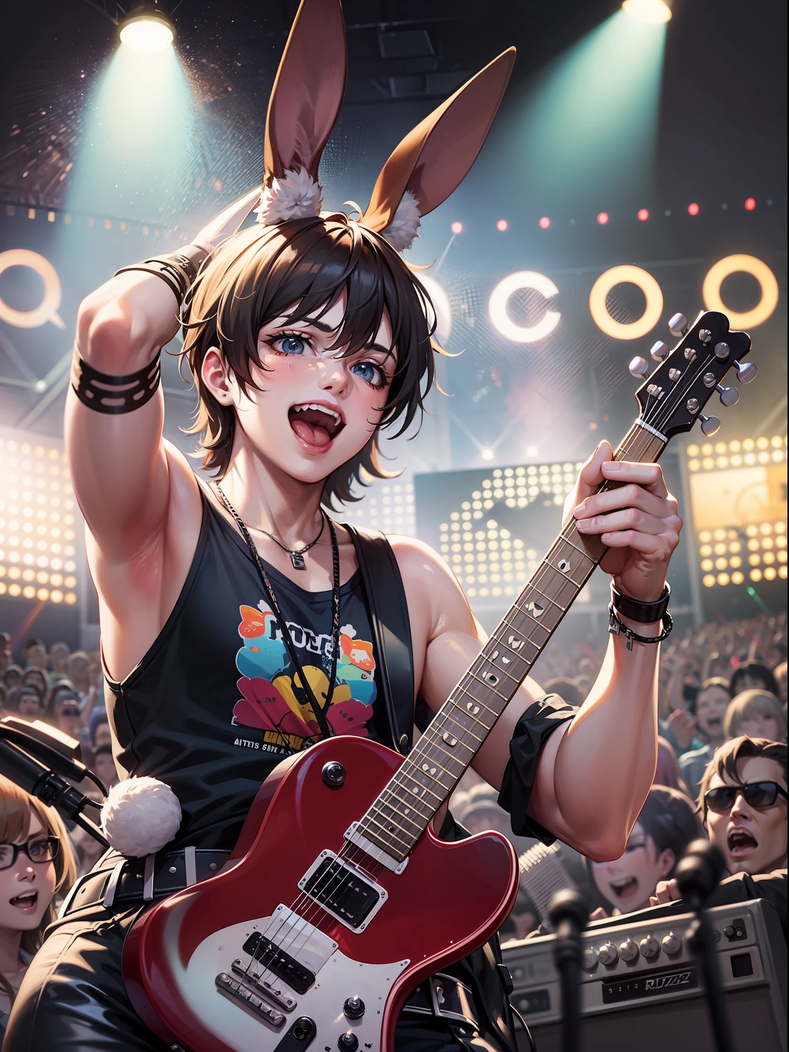 rabbit man playing the guitar, rockstar, crowd cheering, lights, concert, band, having fun