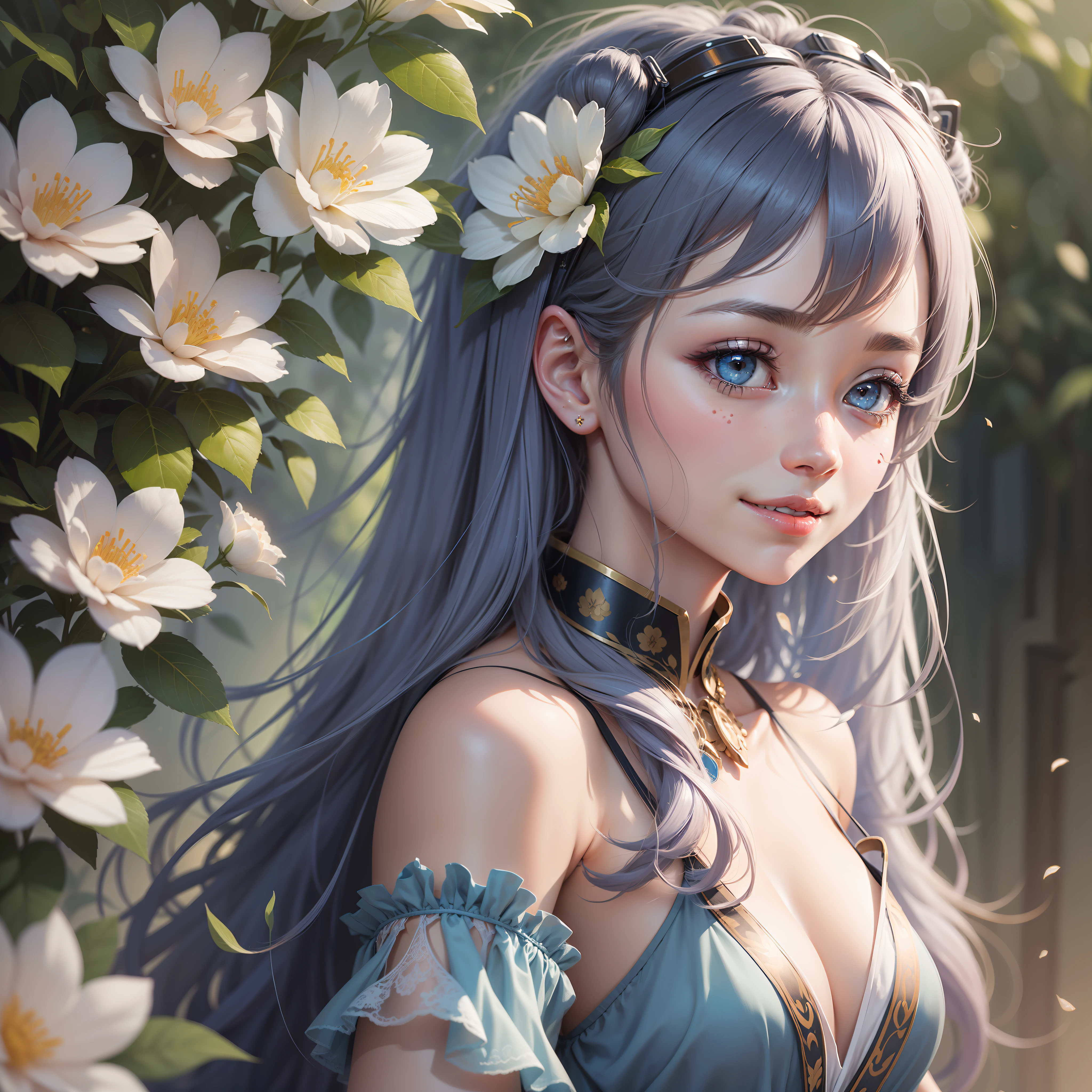 concept art, female, high school student, oriented, charming, crystal clear eyes ,pretty nose ,around flowers ,well-proportion ,innocent, smiling,  long hair, topless blue dress, realistic illustration , higher detail ,  feel ecstasy , cute face , fairly,  making love, spot light , Kpop idle , JPOP idle, vocaloid