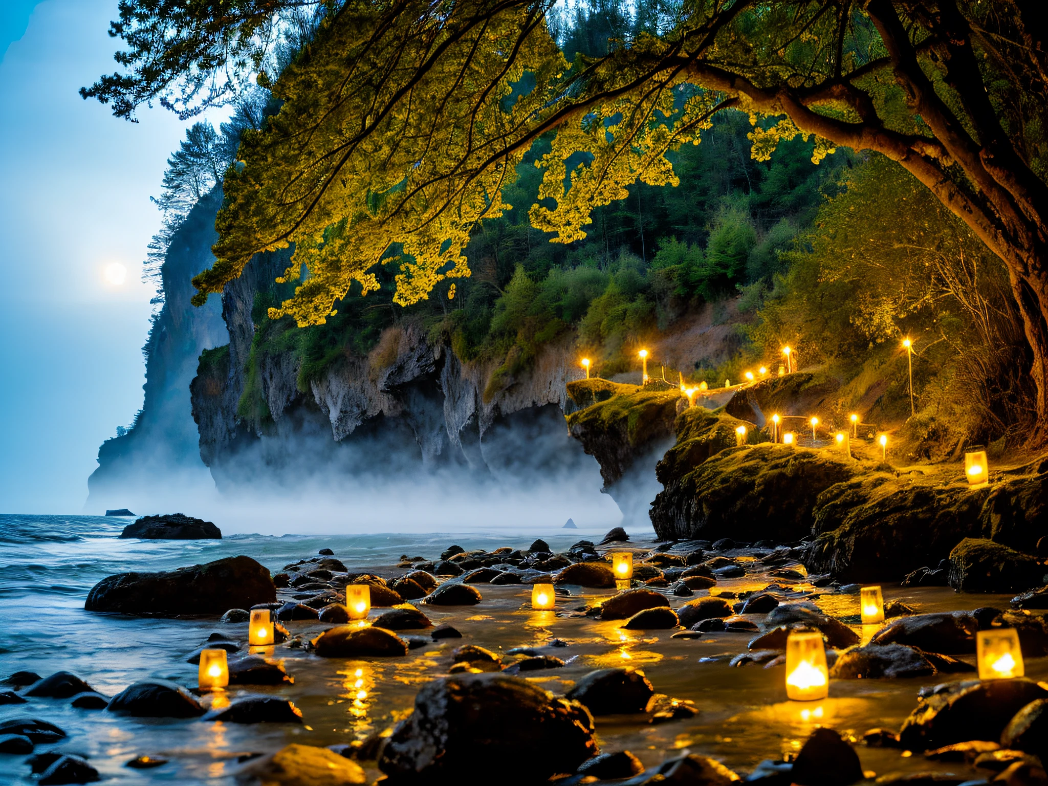 hot springs, cliffs, waves, opalescent, (Photoluminescence), fantasy, clear, Cinematic RAW photo, hyper real photo, ultrarealistic, dslr, soft lighting, high quality, reflections, photo, (sparkling) splashing rainbows, glistening, (iridescent), glimmering, foamy, wet, dripping, twinkling, crystals growing, (secret treasure in it), misty, mystical, enchanting, glittering, (masterpiece) (best quality) (detailed) (8k) (HDR) (cinematic lighting) (sharp focus) (intricate), many lights on rocks, fairy lights in trees, magical colors and atmosphere, enchanting landscape, epic dreamlike fantasy landscape, giant fluorescent fungi, magical colors and atmosphere, impressive fantasy landscape, bioluminescent, epic and stunning, magical environment, celestial, fairies, moons, floating wildflowers, Sakura lights, fountain