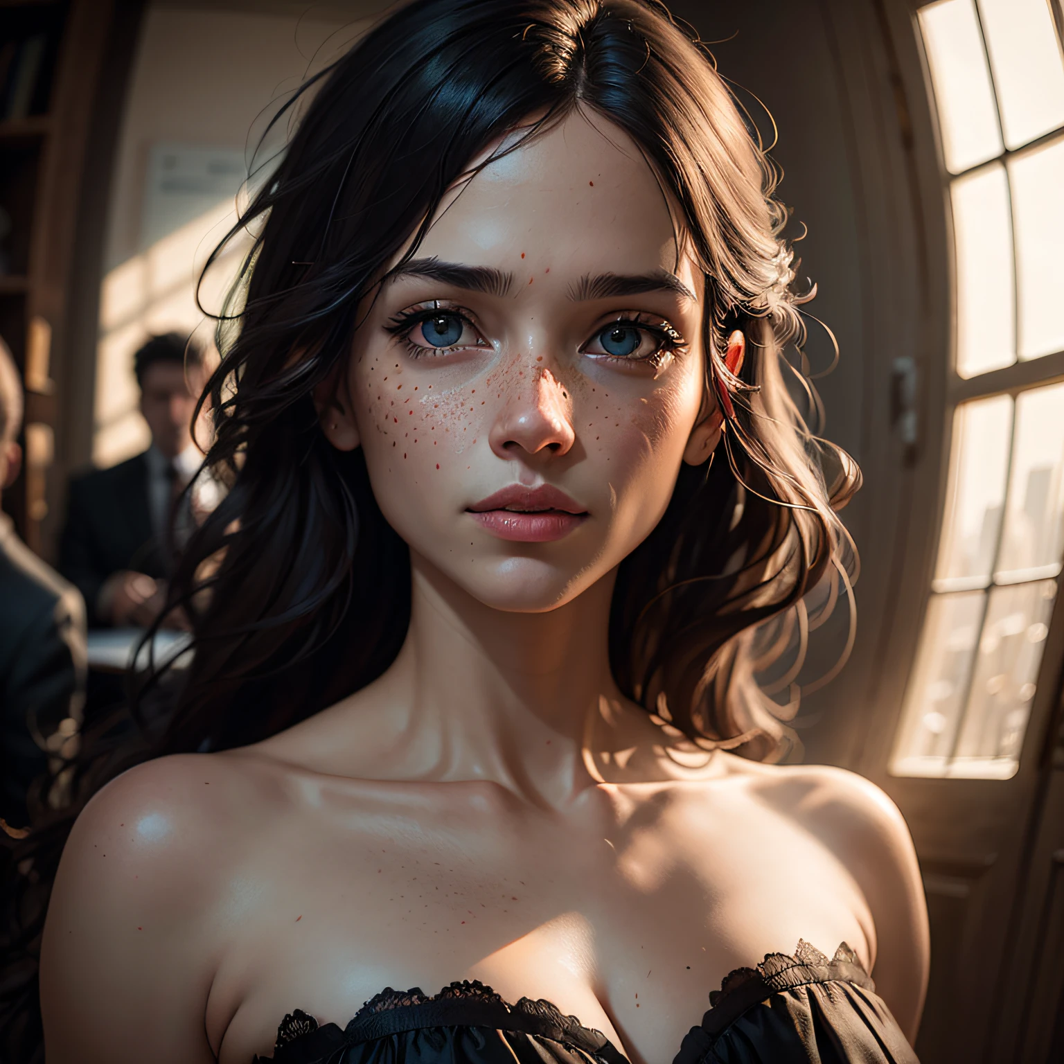 (Digital Artwork:1.3) of (marijameglaj:1.1), freckled face, windblown hair, detailed eyes, modern Prada strapless dress, breasts focus, by Jeremy Lipking, by Antonio J. Manzanedo, by lee jeffries, Nikon d850, film, stock photograph, 4 kodak portra 400 camera, f1.6 lens, rich colours, hyper-realistic, lifelike texture, dramatic lighting, trending on artstation, cine still 800, fisheye lens, CGSociety, ArtStation, unreal engine, high detail, glowing light, cinematic lighting, Hyperrealism, glowing light, 4K, 4K, 8k, super detail, ccurate