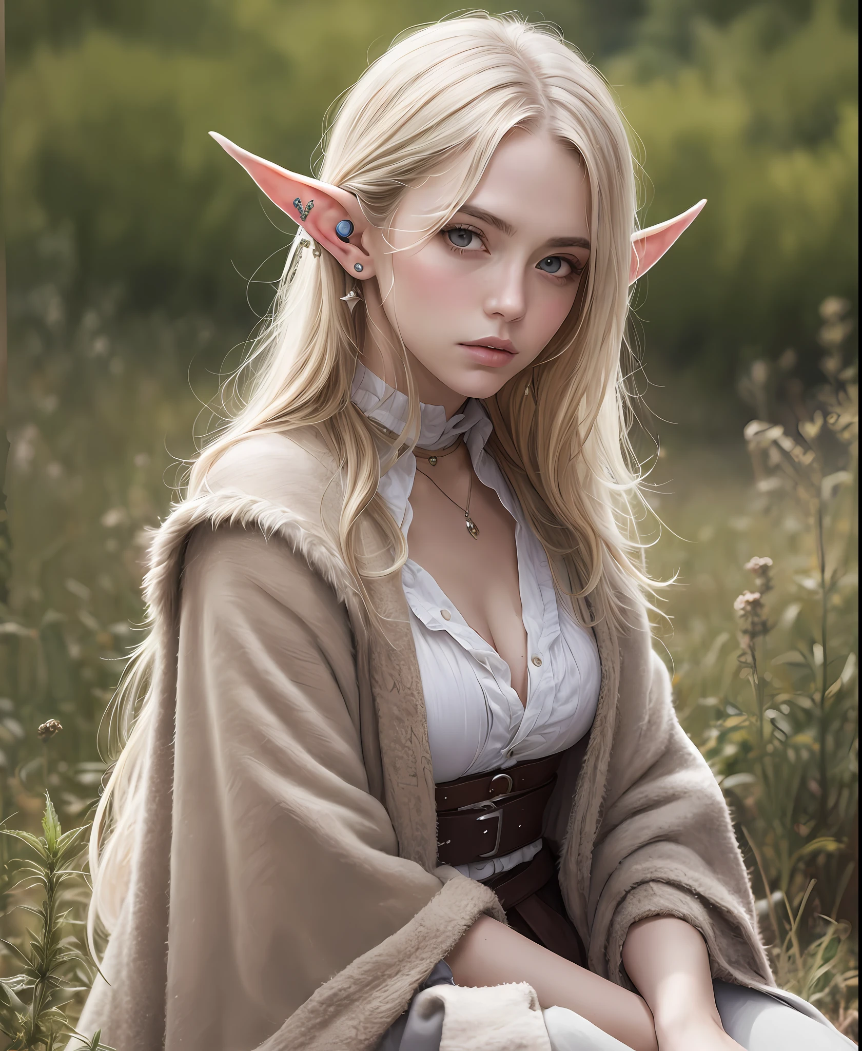 A beautiful french emo ((woman)) highly defined elven features big eyes ,peroxide ((long blonde messy windswept hair)) flowers in hair,(((pointed ears))), sitting in highly detailed rural french (meadow) setting ,wearing Medieval cloak hood and (furs, leathers, and roughly spun cloths, such as hemp or linen). eyeliner, blush,, natural professional photography, Sony fx6 digital camera, atmospheric, highly detailed, UHD, both eyes the same, masterpiece, high resolution, ultra quality, 16K, skin pores, matte, model pose ,Patrick Lichfield, rule of thirds