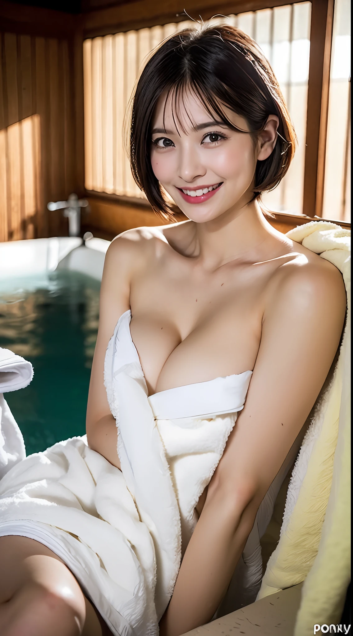 (in 8K、Raw photography、beste Quality、masterspiece:1.2)、Super Detail、ultra-highres、(Realistic and realistic photos:1.37)、portlate、high-definition RAW color photos、professional picture、extremelydelicateandbeautiful、higly detailed、8k壁紙、astonishing、finelydetail、huge filesize、Beautiful detailed eyes、Double eyelidd、Dynamic lighting、Very detailed beautiful girl、Japan girls、Cute Japan Woman Pictures、((short-hair、ponie tail、micropenis:1.2))、a 1 girl、(20-year-old:1.2)、Realistic body、Short、fair white skin、shinny skin、Open-air bath at night at a hot spring ryokan in Japan、Deep in water up to the chest、Towels are also wet、Water drips from the body、city light、vapour、Crystal clear water、In hot water、sweats、Lovers、Evening、Good figure、Natural face、(embarassed、full of shyness、smile on face:1.2)、happy、landscapes、looking the viewer:1.2、(Recumbent position、Facial Focus、cow-boy shot:1.2)、(((smalll breasts、flat breast:1.5)))、(dinamic pose:1.2) ,((Hiding from the chest to the local area with a towel、Naked towel、wearing bath towel:1.3))、Realistic Steam、cleavage breasts