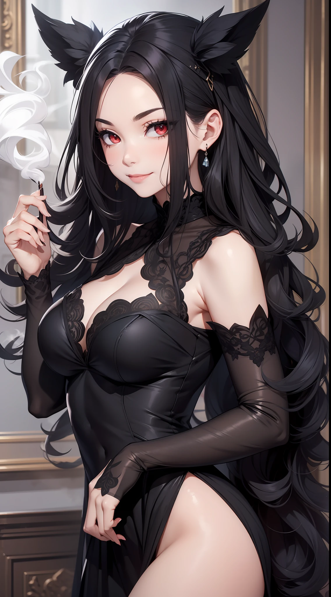 Adult gray woman, long black hair, red eyes, gray skin, Rich black dress, smirk, Smoke, The Masterpiece, hig quality