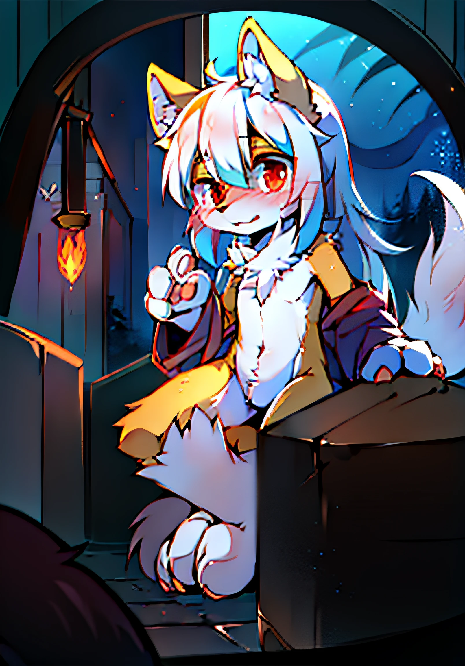 (Dark environment:0.8),Masterpiece,High quality,abstract res,Digital painting\(artworks\), by Dagasi, Yupa,Kiyosan,(anthro,Fluffy fur,Character focus:1.1),Human fox, sportrait, Long hair, Bright eye, Full body like, Character focus.(detailedbackground:0.7), red fox, Fox claws, lose, shylily, shaggy, Angry、was hairy, anthr, (Full body fur, Fluffy tail, Yellow fur, White hair、White thighs、White forearm、Red eyes、fang、nudist、No clothing、White foot claws、Paws facing down、with a crooked head、The back of the hand is facing up:1.2), (long canines、vampiric：1.20）,（corner、corner、Night：1.1）