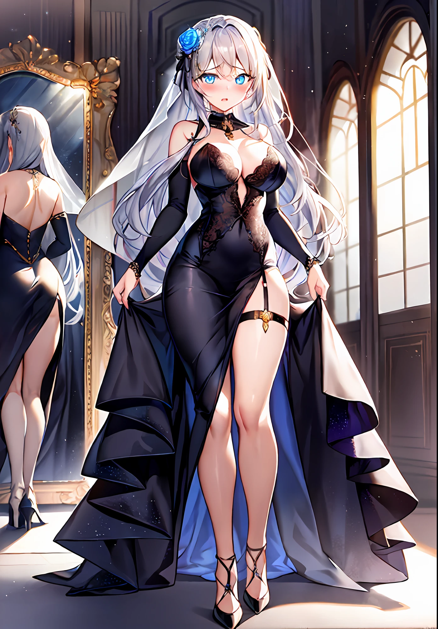 (masterpiece, reflections, atmospheric lighting, dynamic lighting), best quality, 1girl, perfect figure, perfect body, perfect face, dark-silver hair, long luscious curly hair, blue eyes, glowing sky blue eyes, delicate fingers, blushing, shy, embarrassed, lewd, open mouth, void black crown, jewel crown, black dress, strapless dress, slit leg dress, wedding dress, evening dress, lingerie dress, black high heels