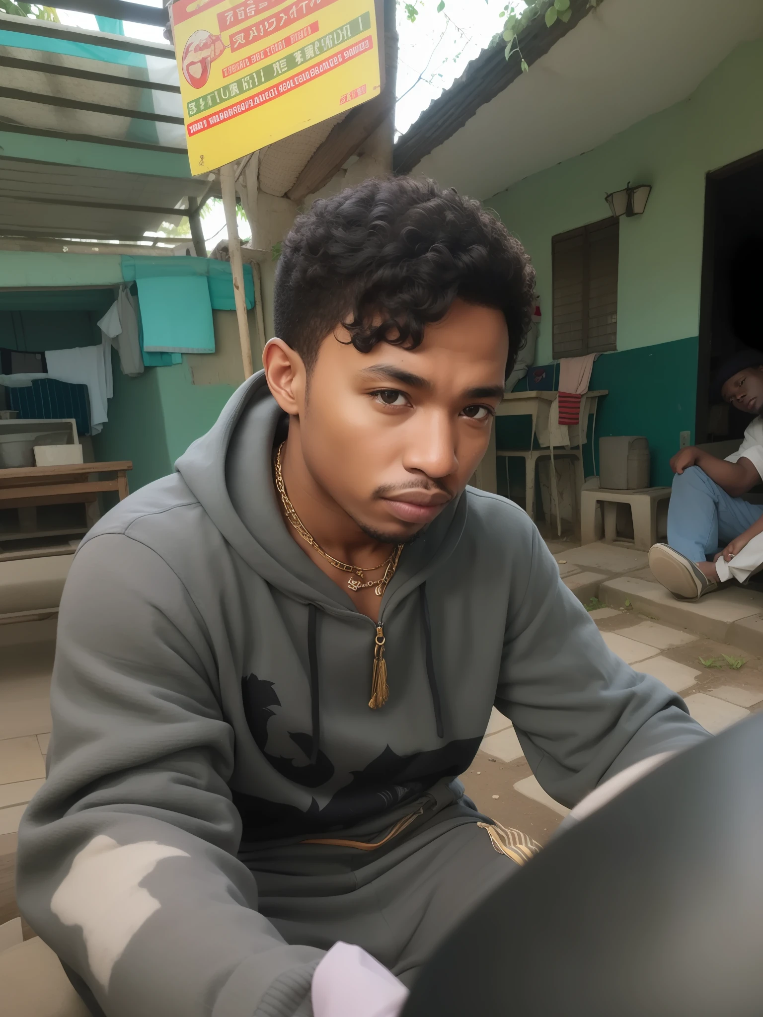 Black man, sit, in africa, strong look, best quality, tribe outfit