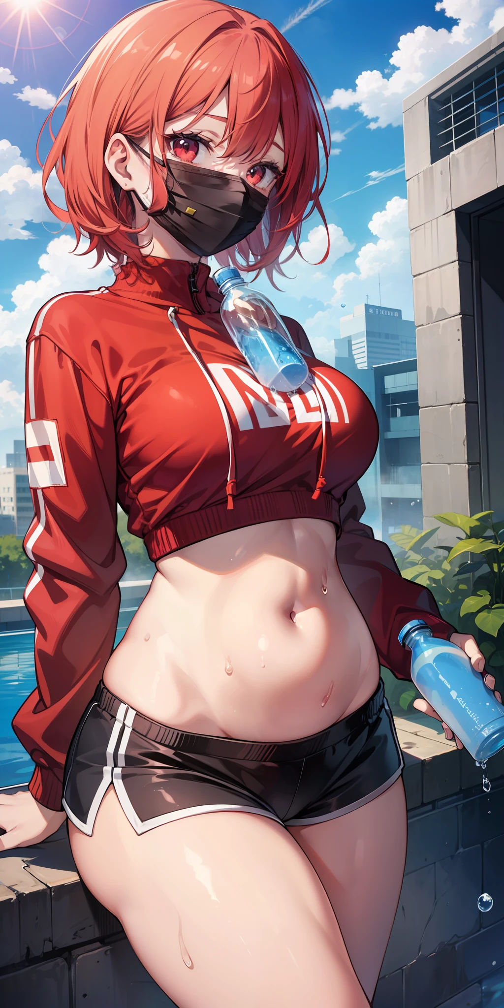 ((masterpiece)), ((best quality)), ((anime profile style)), ((HD 4k)), ((anime character)), ((sweating body)), girl, female face , happy, ((flushed)), smile, ((mouth mask)), light skin, red eyes, Eyelid, Pupil, Sclera, Iris, eyebrow, eyelashes, ear, nose, ((red hair)), neck, shoulders, ((short belly sweatshirt)), (thin waist), ((Short Fitness Shorts)), ((perfect belly)), arms, ((holding a water bottle)), ((thick legs)), ( (big thigh)), backdrop, ((terrace)), beautiful day, sun, clouds, beautiful view, viewer's view