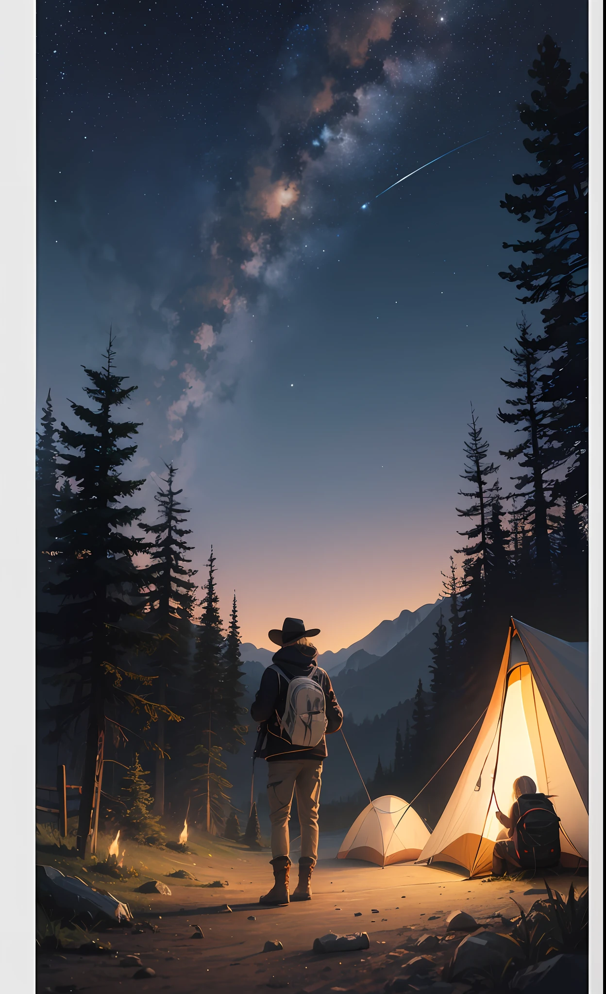 masterpiece, best quality, ultra-detailed, illustration, 1boy, solo, outdoors, camping, night, mountains, nature, stars, moon, bonfire, tent, twin ponytails, green eyes, cheerful, happy, backpack, sleeping bag, camping stove, water bottle, mountain boots, gloves, sweater, hat, flashlight, forest, rocks, river, wood, smoke, shadows, contrast, clear sky, constellations, Milky Way, peaceful, serene, quiet, tranquil, remote, secluded, adventurous, exploration, escape, independence, survival, resourcefulness, challenge, perseverance, stamina, endurance, observation, intuition, adaptability, creativity, imagination, artistry, inspiration, beauty, awe, wonder, gratitude, appreciation, relaxation, enjoyment, rejuvenation, mindfulness, awareness, connection, harmony, balance, texture, detail, realism, depth, perspective, composition, color, light, shadow, reflection, refraction, tone, contrast, foreground, middle ground, background, naturalistic, figurative, representational, impressionistic, expressionistic, abstract, innovative, experimental, unique