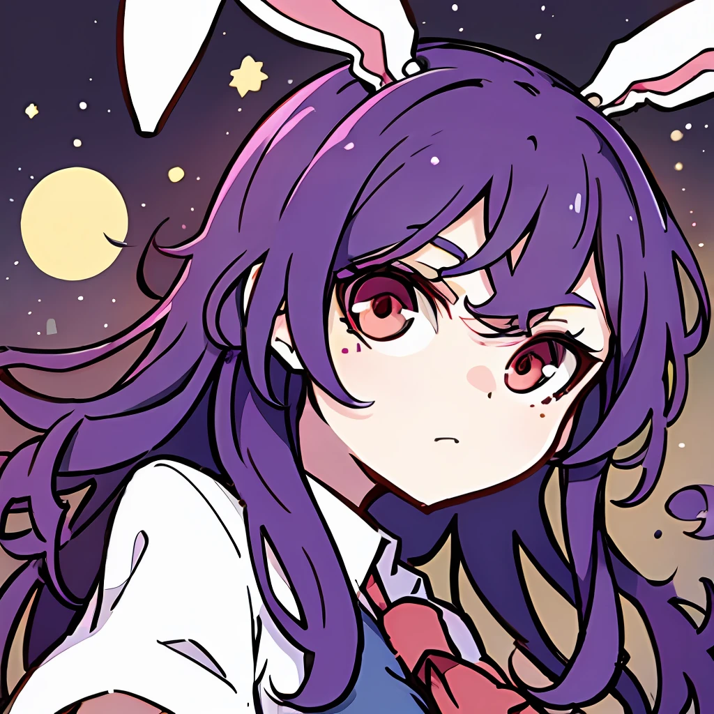 Gorgeous female photo, Masterpiece, best quality, best work, promotional art, beautiful face, professionally retouched, in space, (reisen udongein inaba), bright eyes, (red eyes), swirl pupils,  underbust, white button up t-shirt, rabbit girl, (rabbit ears), (purple hair), (detailed face), jewel eye, detailed eyes, textured skin,  messy hair,