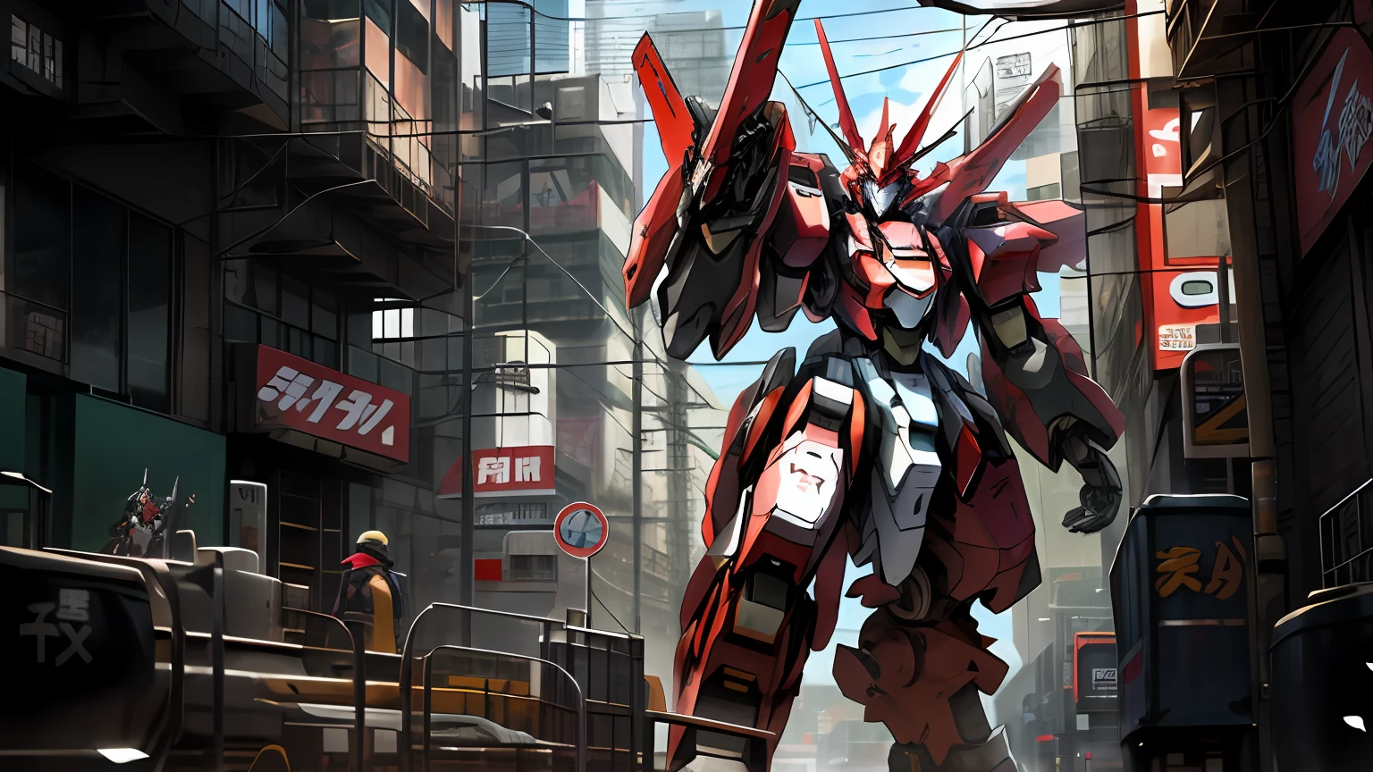 there is a robot standing in a city street with a building in the background, an anime large mecha robot, modern mecha anime, giant anime mecha, anime concept hdr anime macmanus, cool mecha style, mecha anime, mecha art, red mech, japanese mecha, anime mecha aesthetic, cyberpunk anime girl mech, mecha asthetic